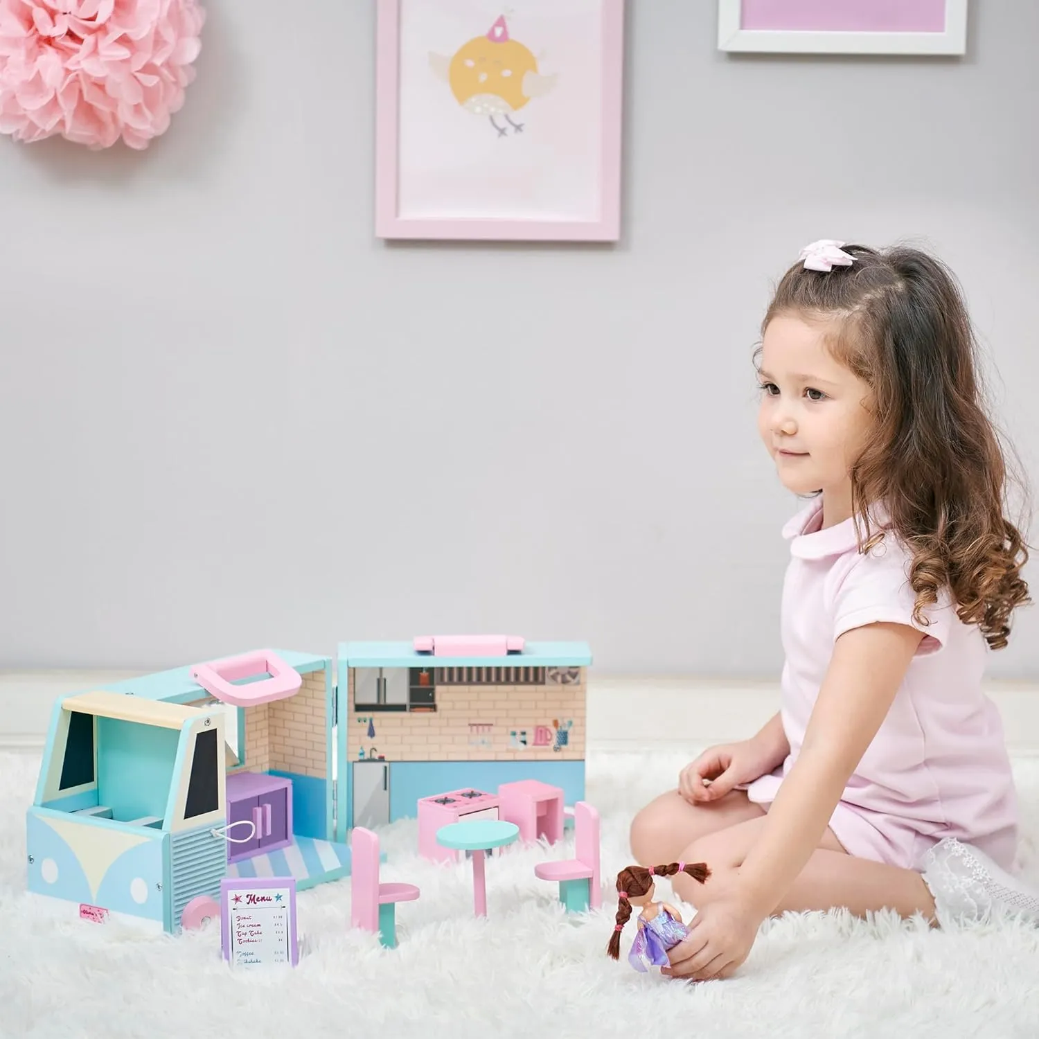 Olivia's Little World Wooden Food Truck Dollhouse   Accessories for 3.5" Dolls, Multi