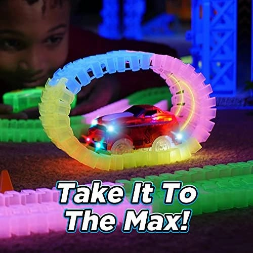 Ontel Magic Tracks 10 Foot Glow In The Dark Bendable Flexible Racetrack with LED Light-Up Race Car, Educational Playset Birthday Gift for Ages 3 