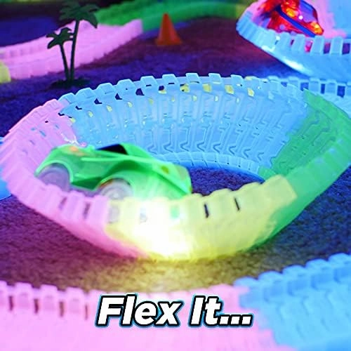 Ontel Magic Tracks 10 Foot Glow In The Dark Bendable Flexible Racetrack with LED Light-Up Race Car, Educational Playset Birthday Gift for Ages 3 