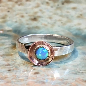 Opal Hammered Silver Gold Ring - Delicate.