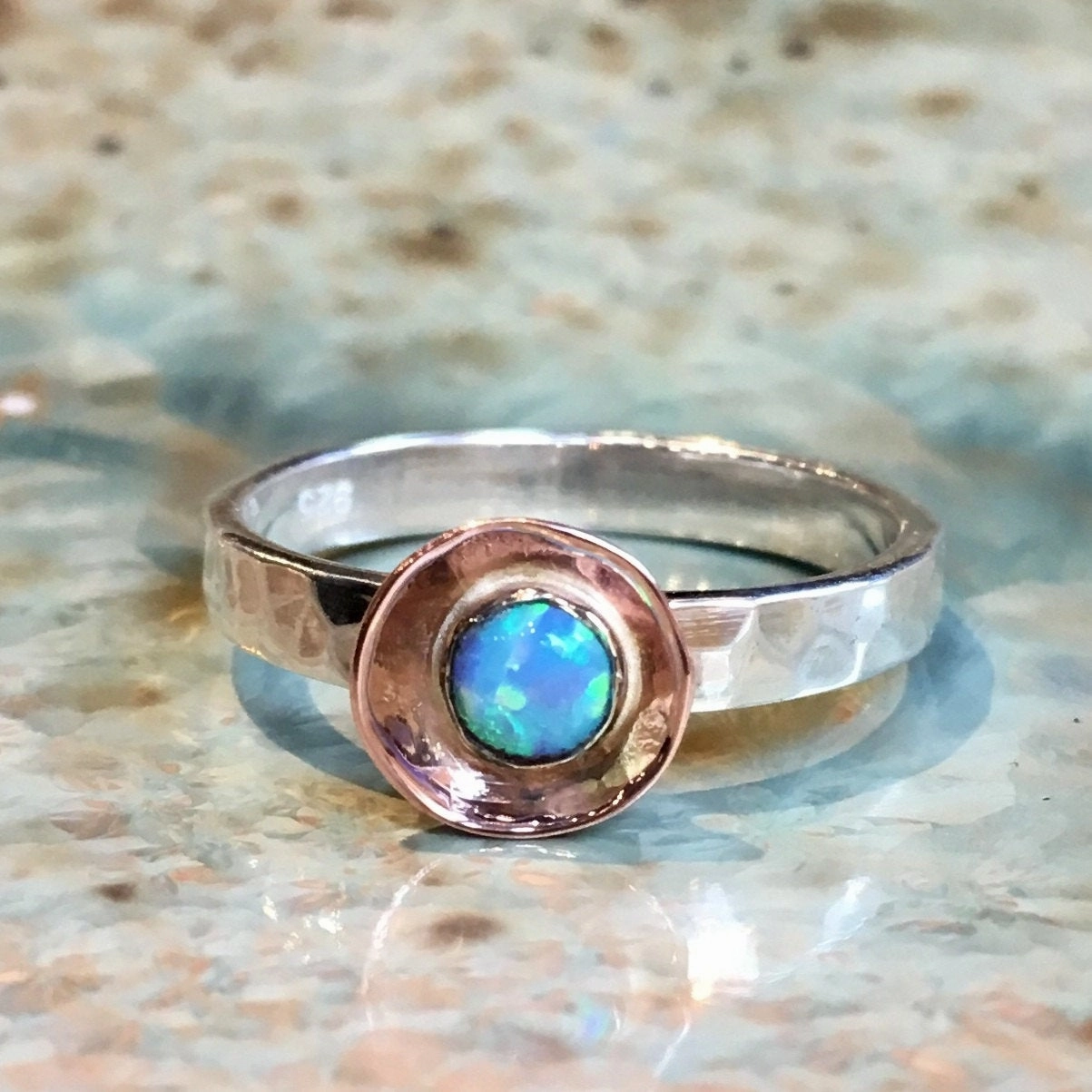Opal Hammered Silver Gold Ring - Delicate.