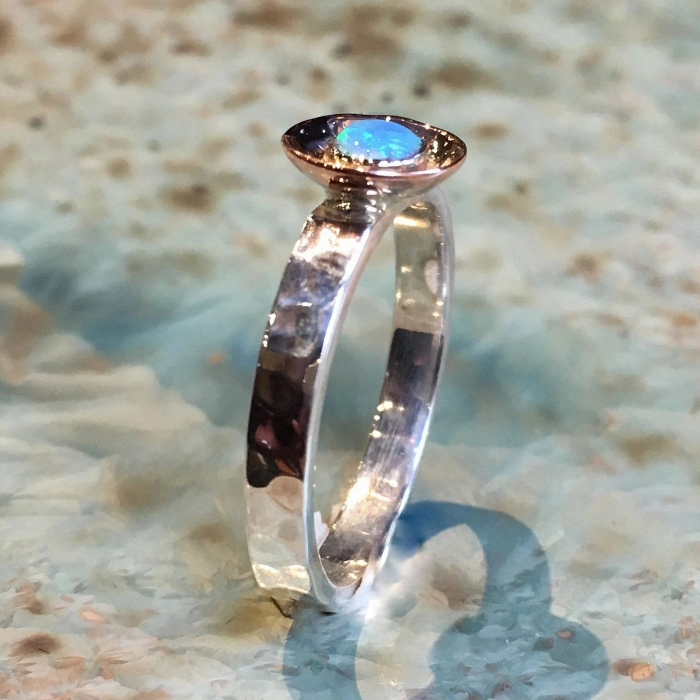 Opal Hammered Silver Gold Ring - Delicate.
