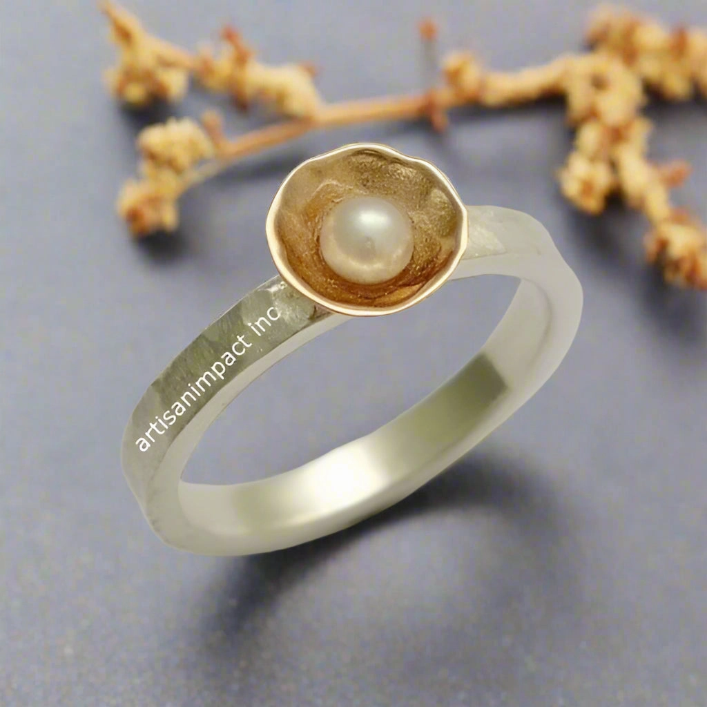 Opal Hammered Silver Gold Ring - Delicate.