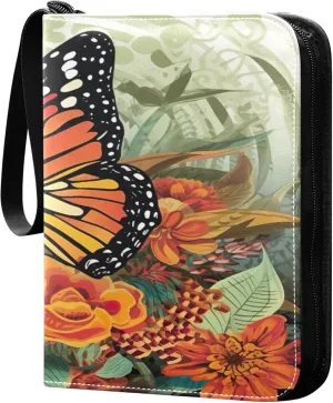 Orange Butterfly Card Binder 4 Pocket Collectible Trading Card Albums with 50 Sleeves Double Side PU Waterproof 3 Ring for Sports & Game Cards