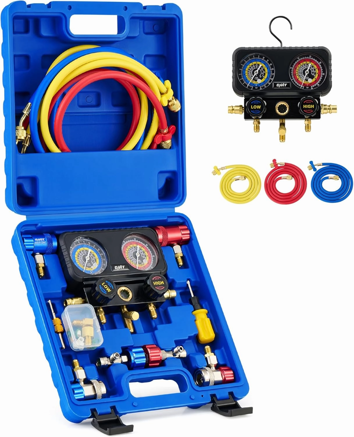 Orion Motor Tech AC Gauges, 3 Way Manifold Gauge Set for R1234yf R134a R404a Refrigerant, Automotive Gauge Set with Hoses Quick Couplers Self Sealing Can Taps for Car Freon Charging & Evacuation