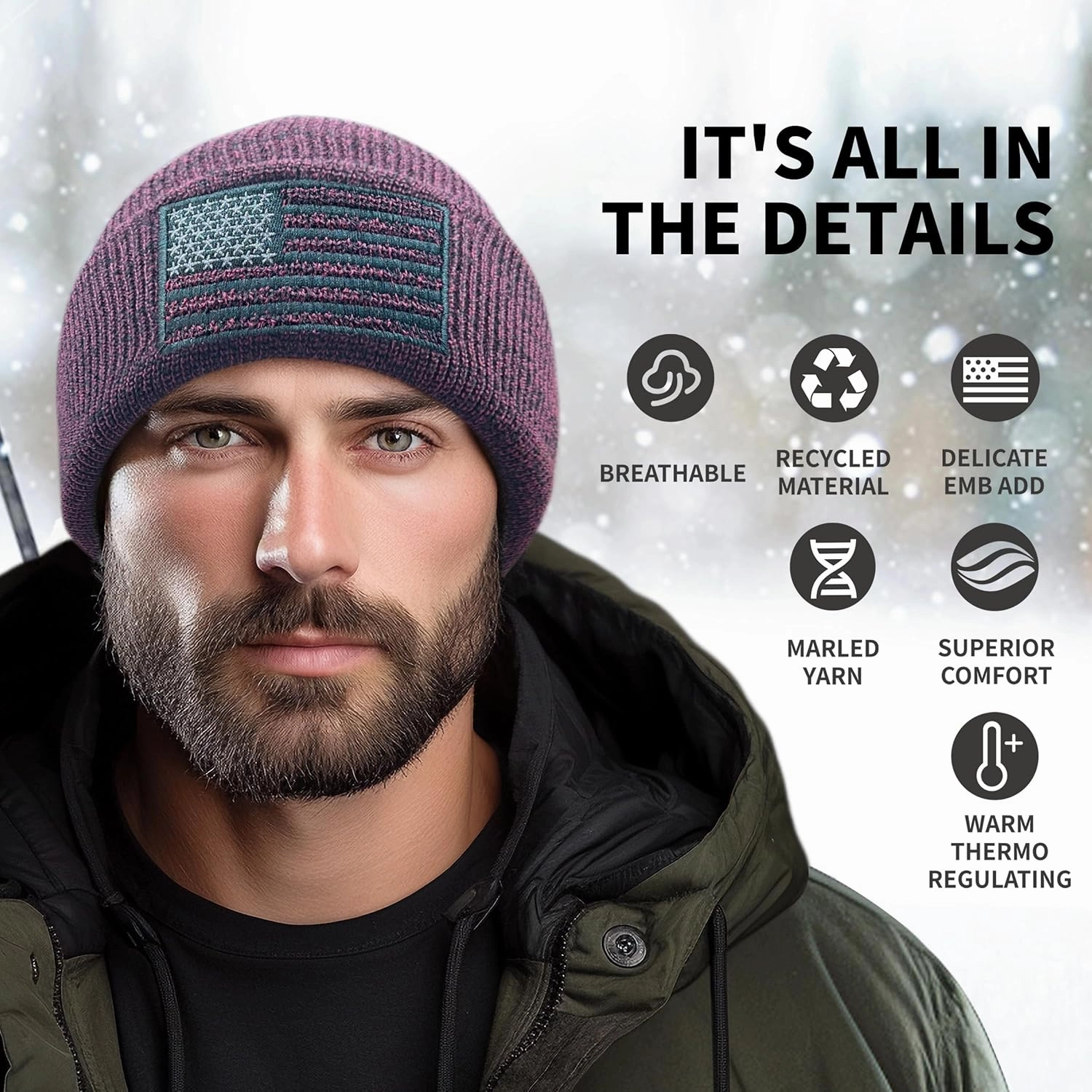 OUTDOOR SHAPING American Flag Embroidered Knit Cuffed Beanie for Men Women Tactical Winter Warm Hat
