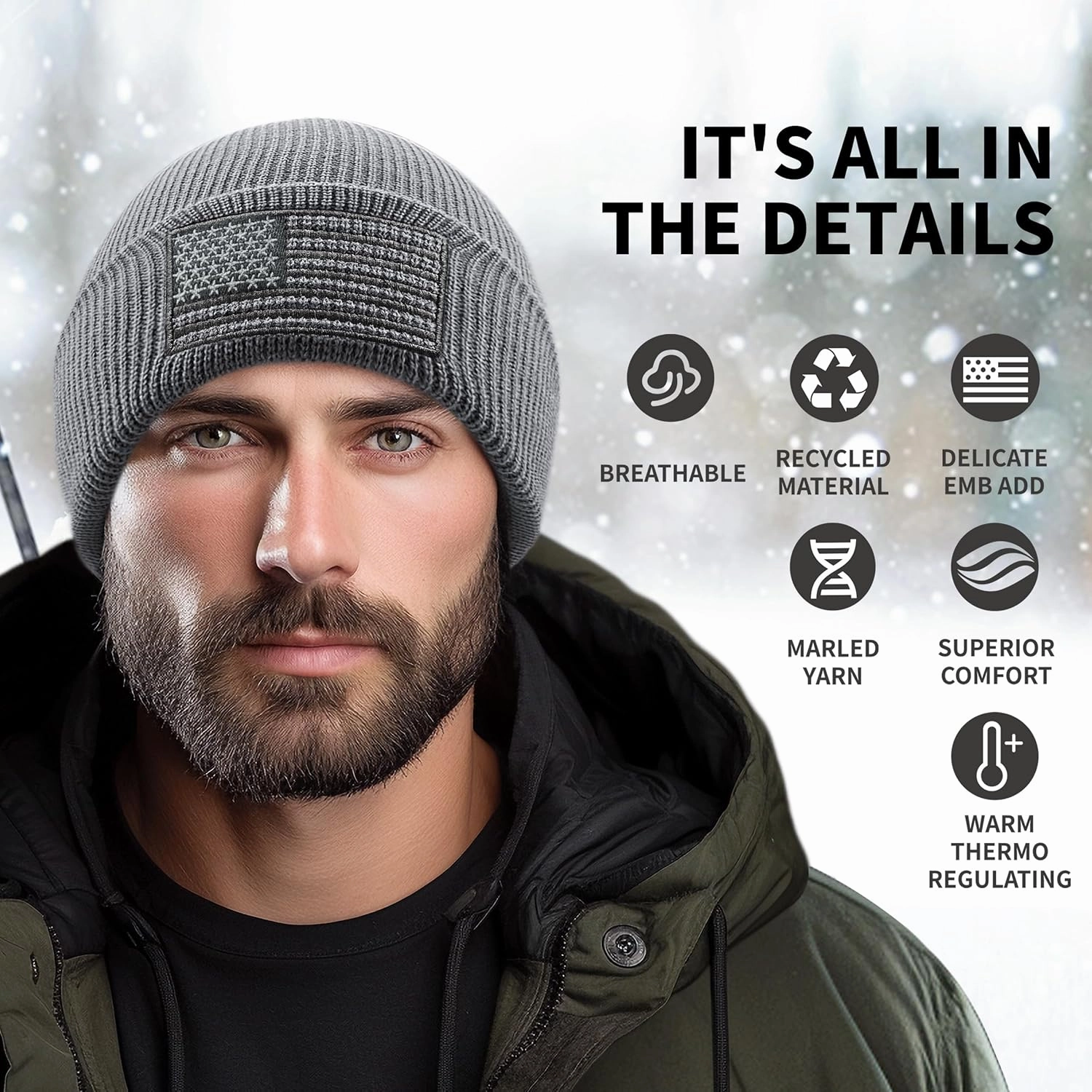 OUTDOOR SHAPING American Flag Embroidered Knit Cuffed Beanie for Men Women Tactical Winter Warm Hat