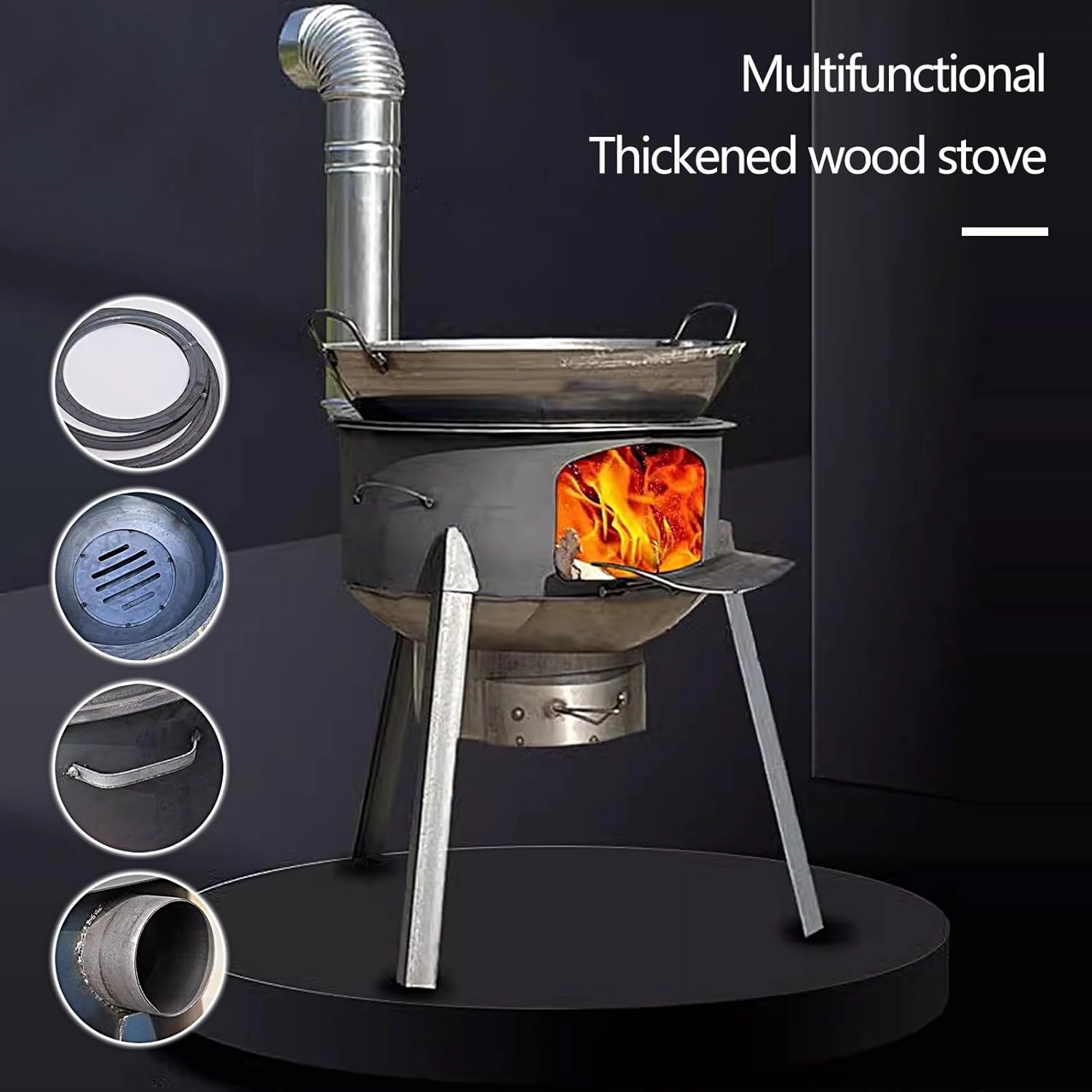 Outdoor Wood Stove Camping, Camping Stove Wood Portable with Chimney Pipe and Ring Load Capacity 200kg, Enlarged Opening for Cooking Camping Tent(63 * 63 * 61cm)