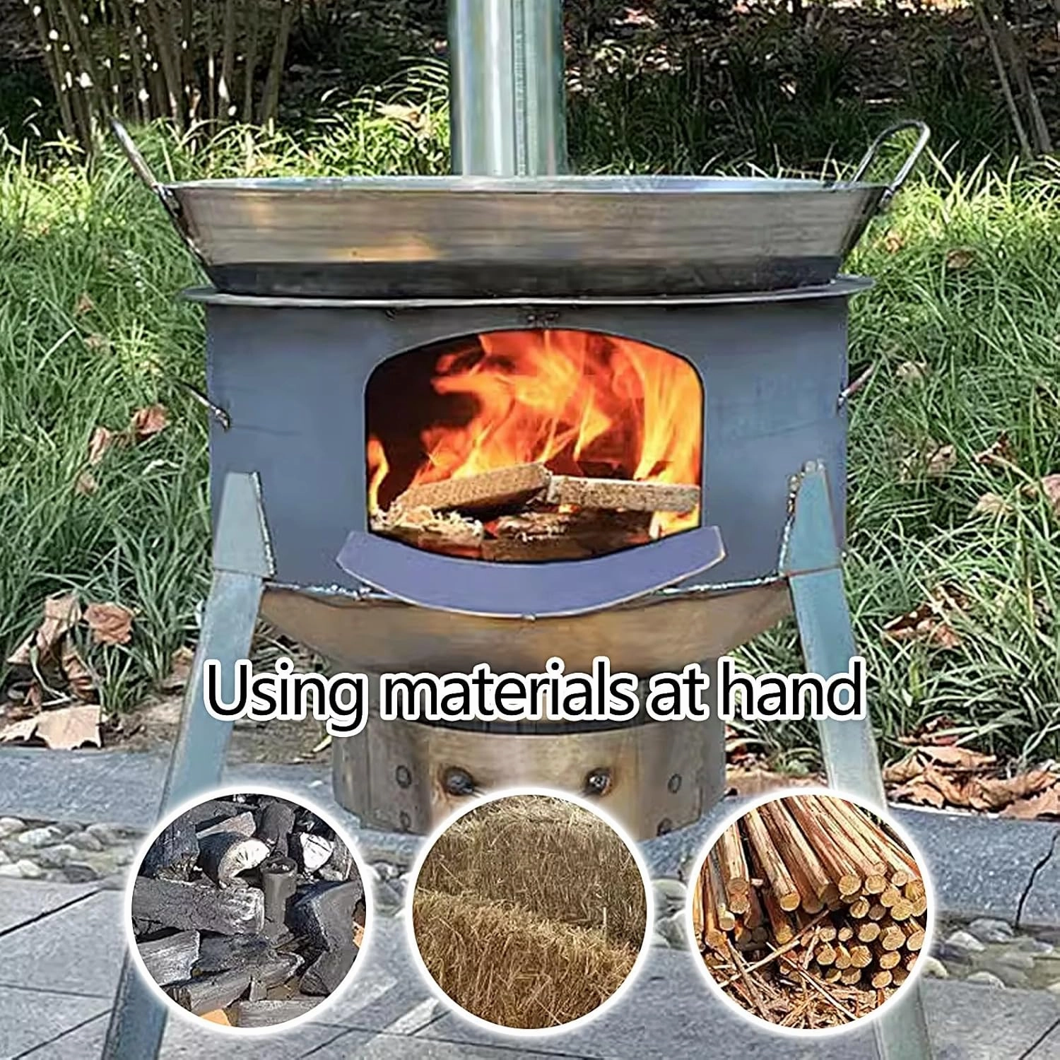 Outdoor Wood Stove Camping, Camping Stove Wood Portable with Chimney Pipe and Ring Load Capacity 200kg, Enlarged Opening for Cooking Camping Tent(63 * 63 * 61cm)