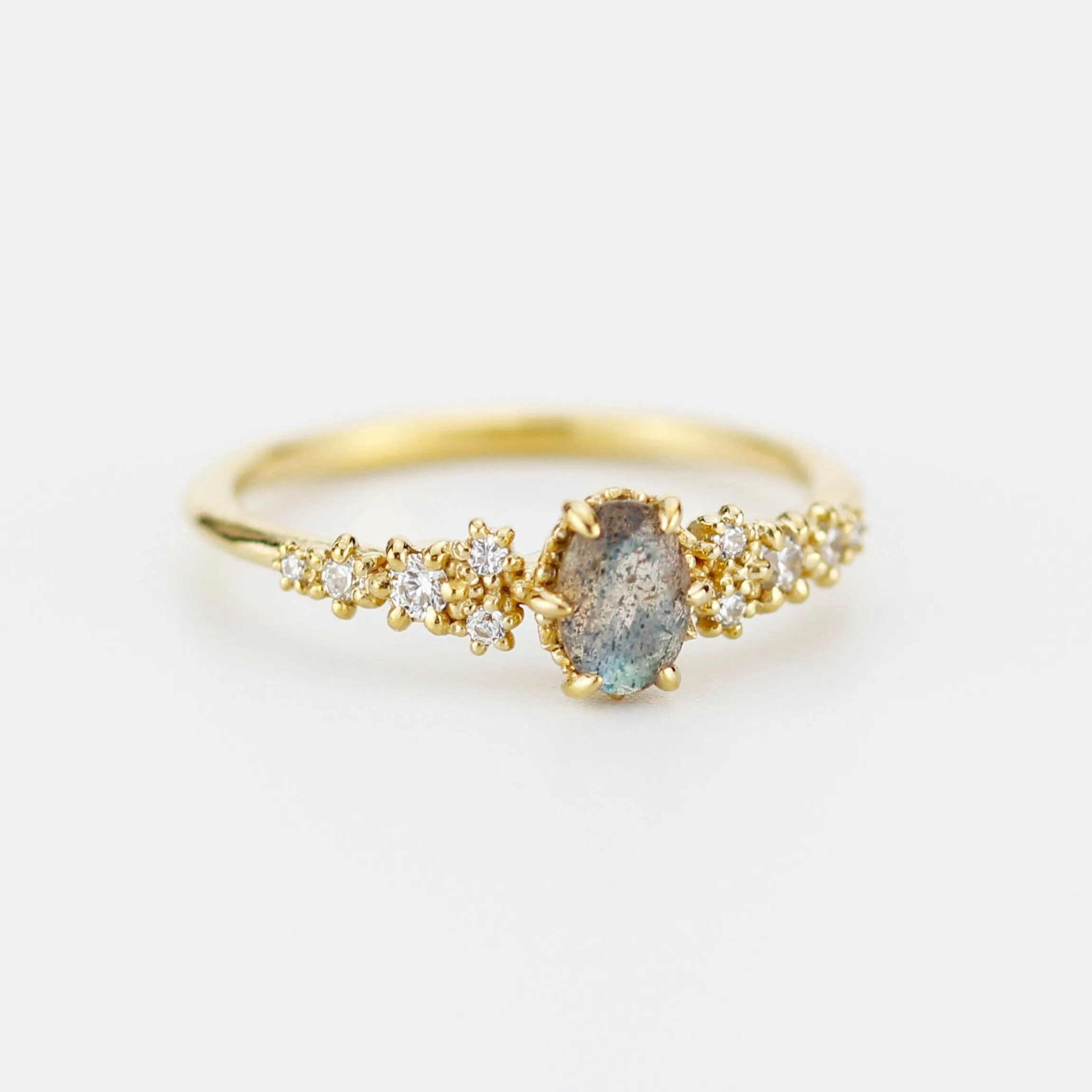 Oval Labradorite and Diamond engagement ring