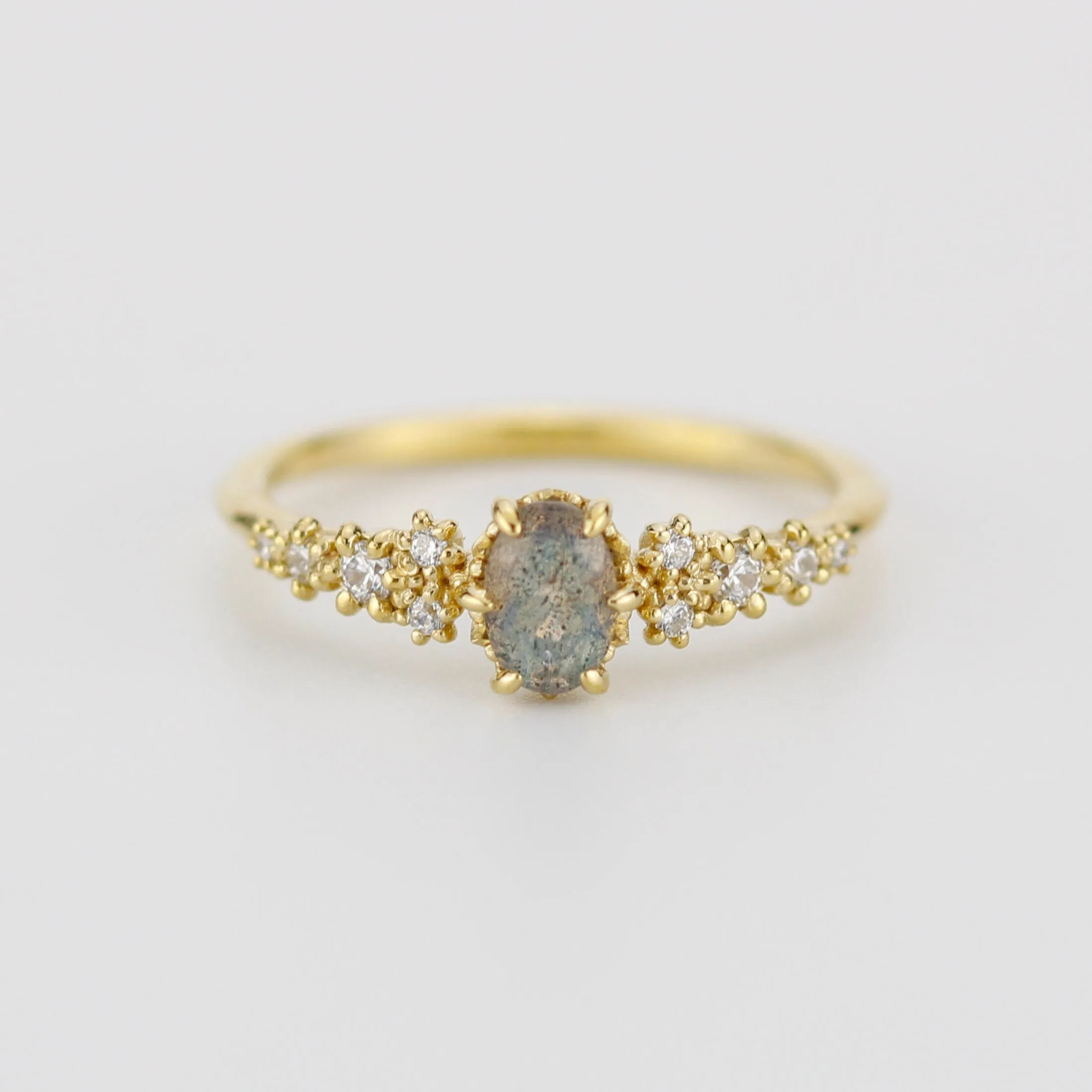 Oval Labradorite and Diamond engagement ring