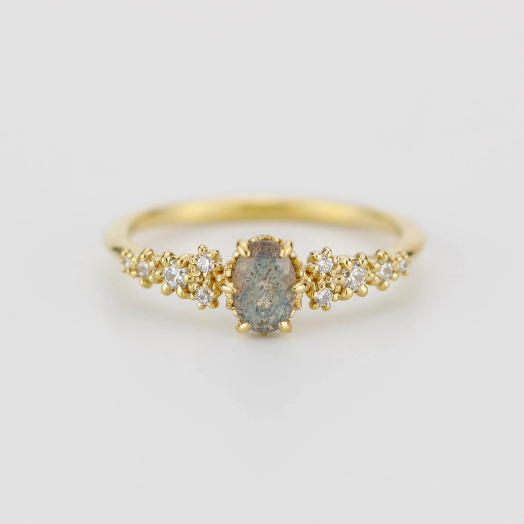 Oval Labradorite and Diamond engagement ring