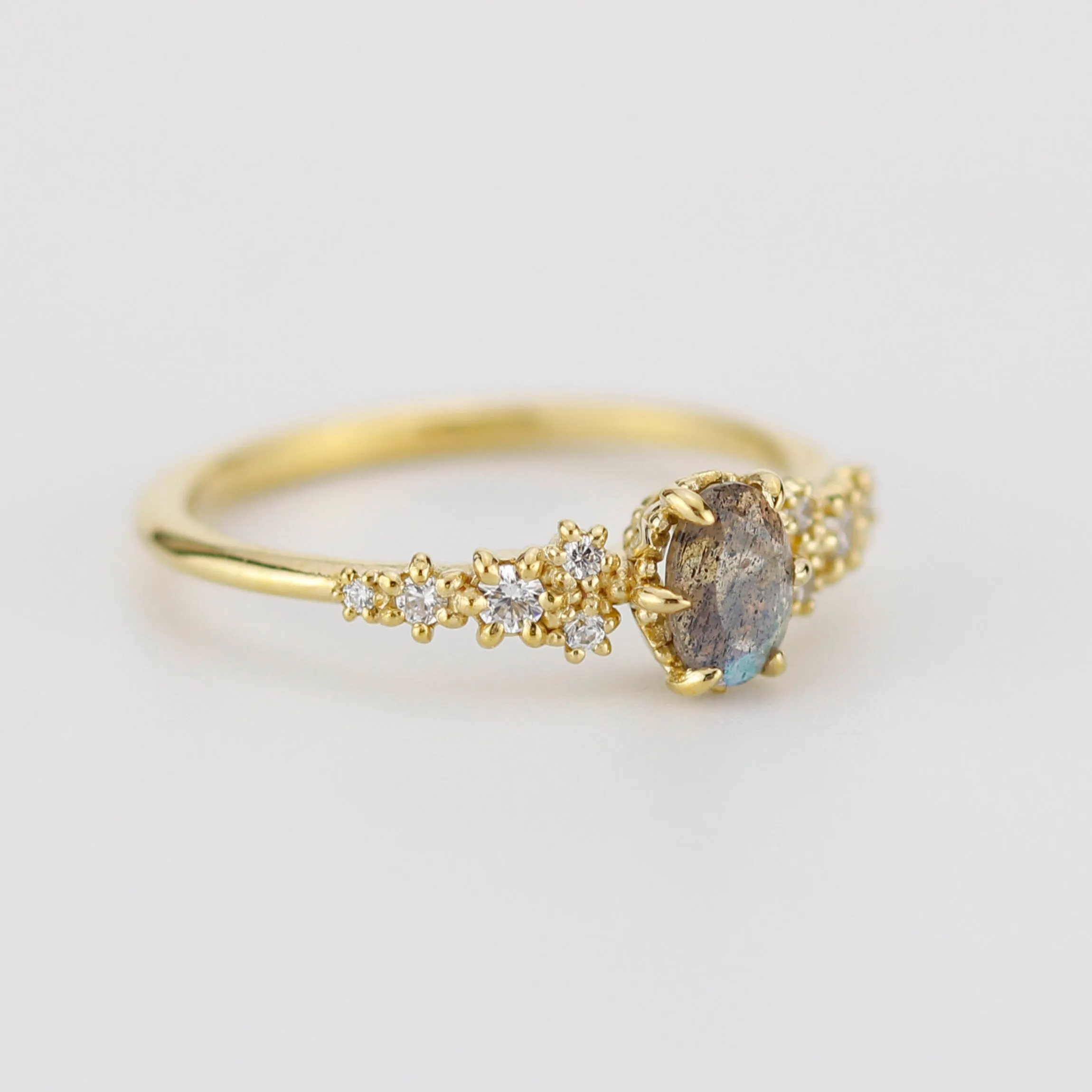 Oval Labradorite and Diamond engagement ring