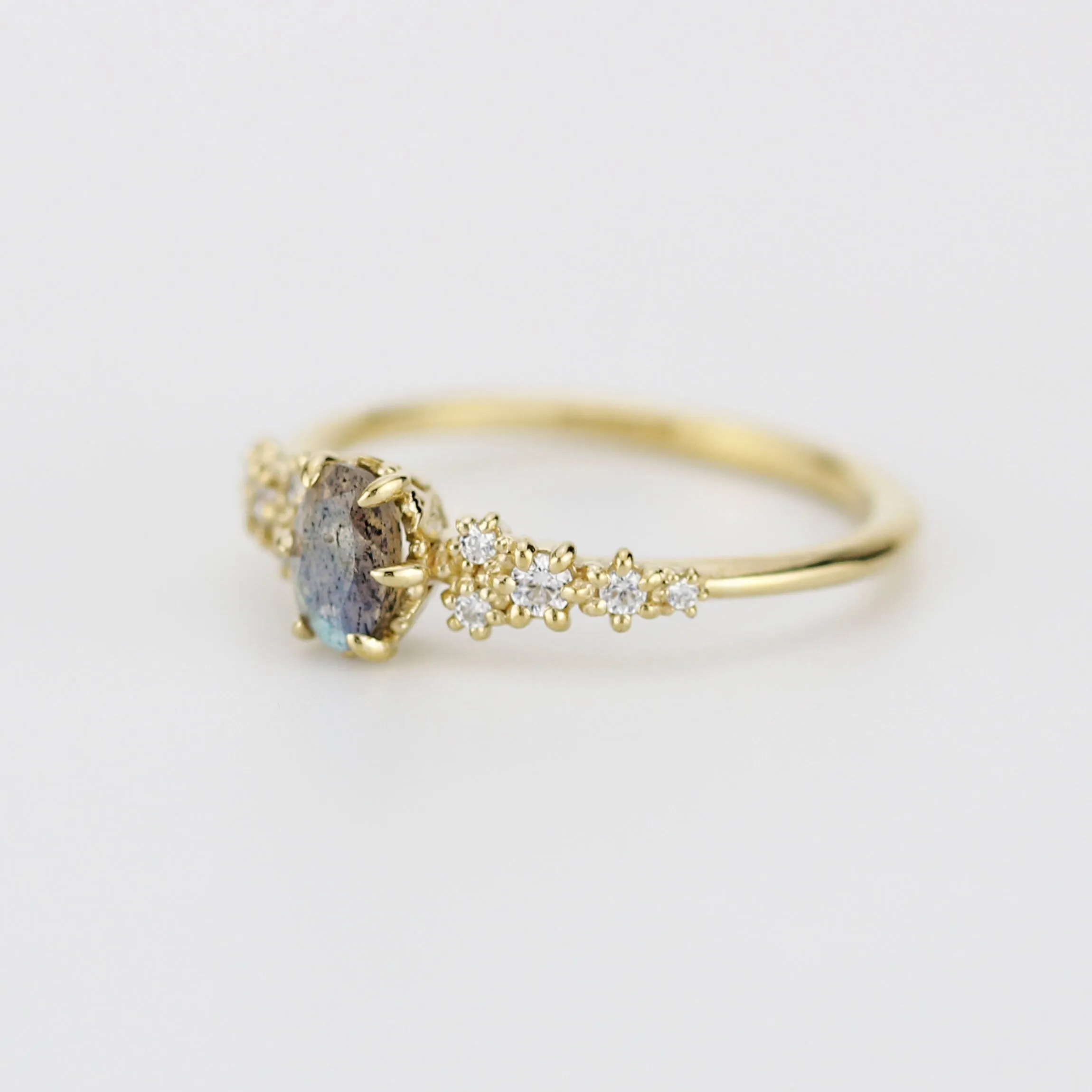 Oval Labradorite and Diamond engagement ring