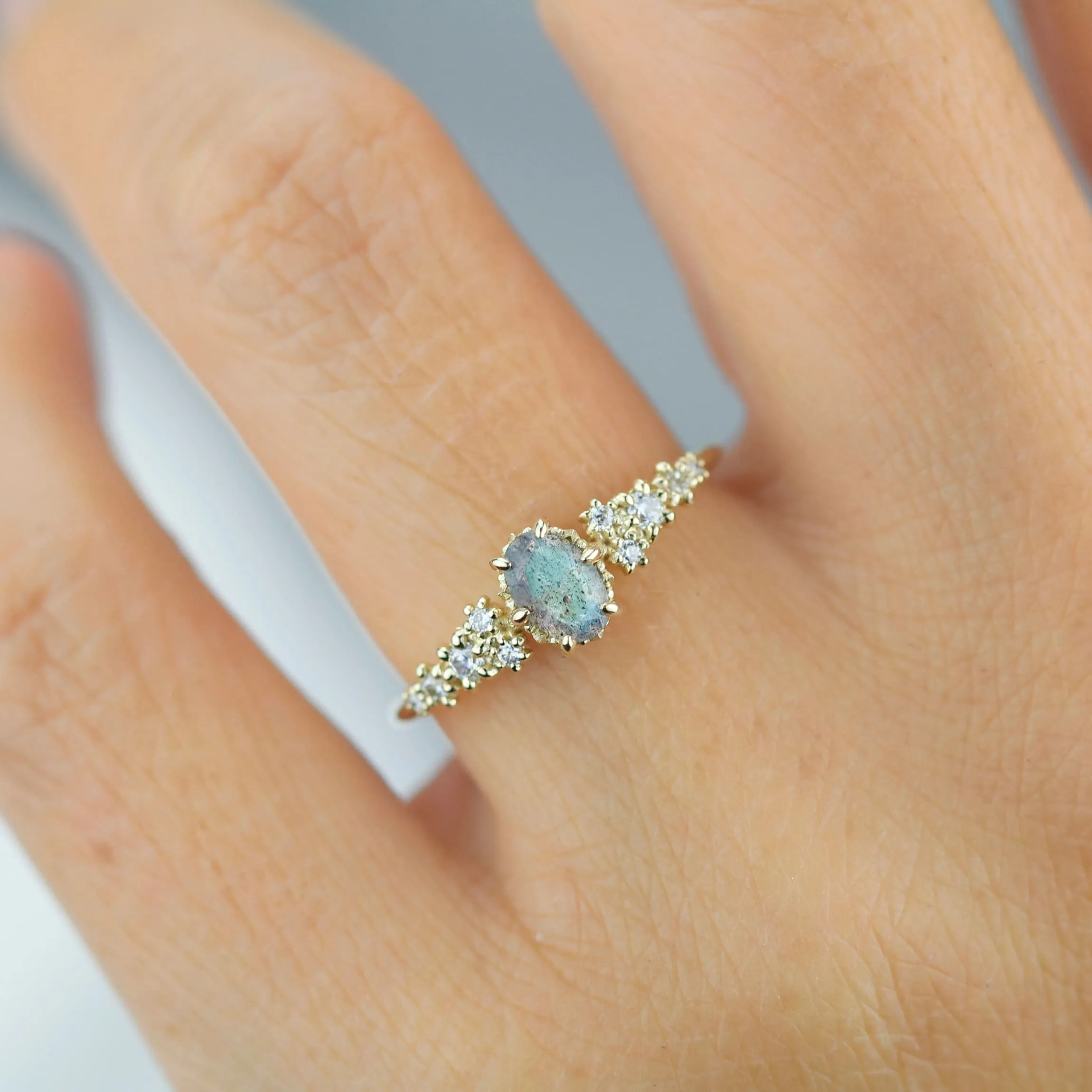 Oval Labradorite and Diamond engagement ring