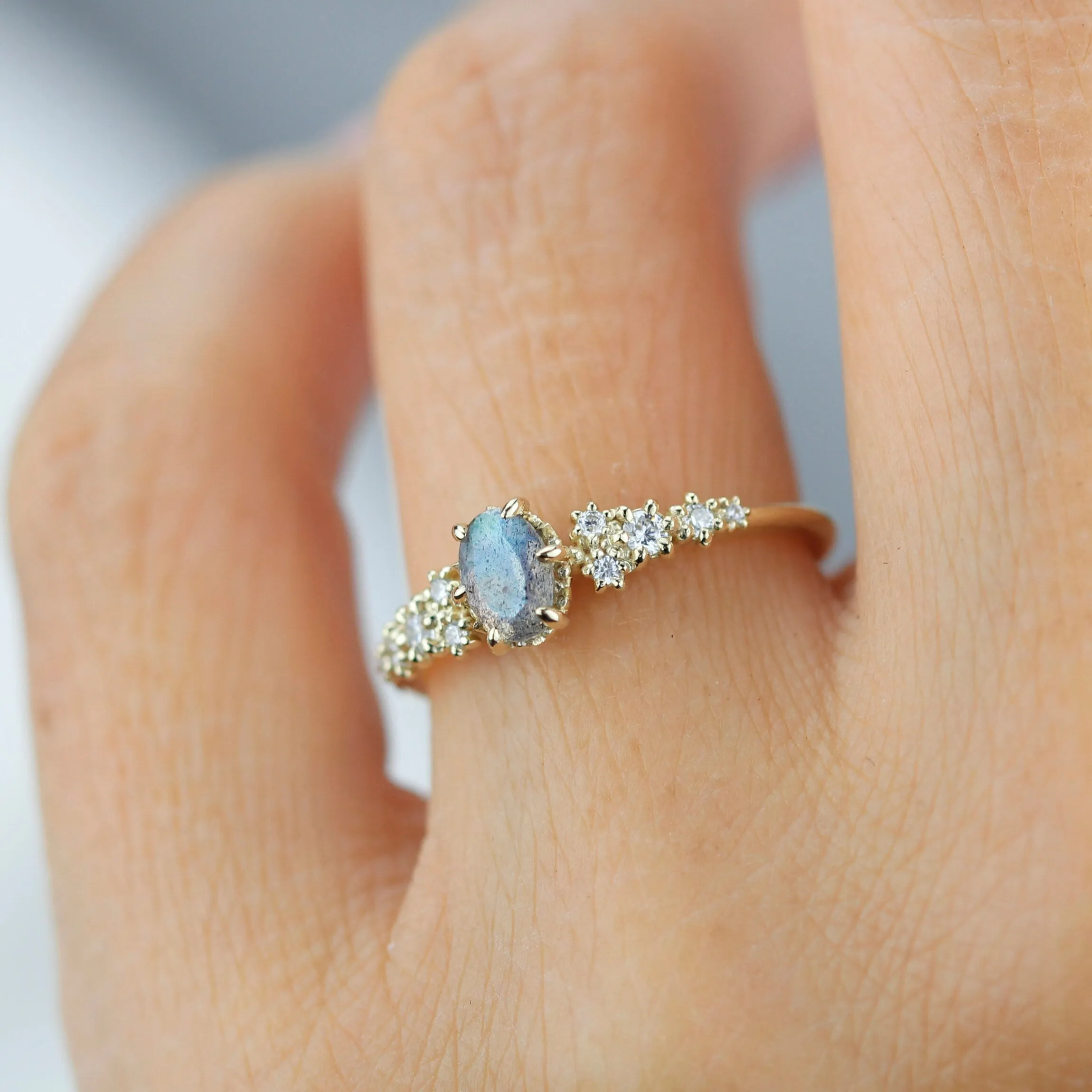 Oval Labradorite and Diamond engagement ring