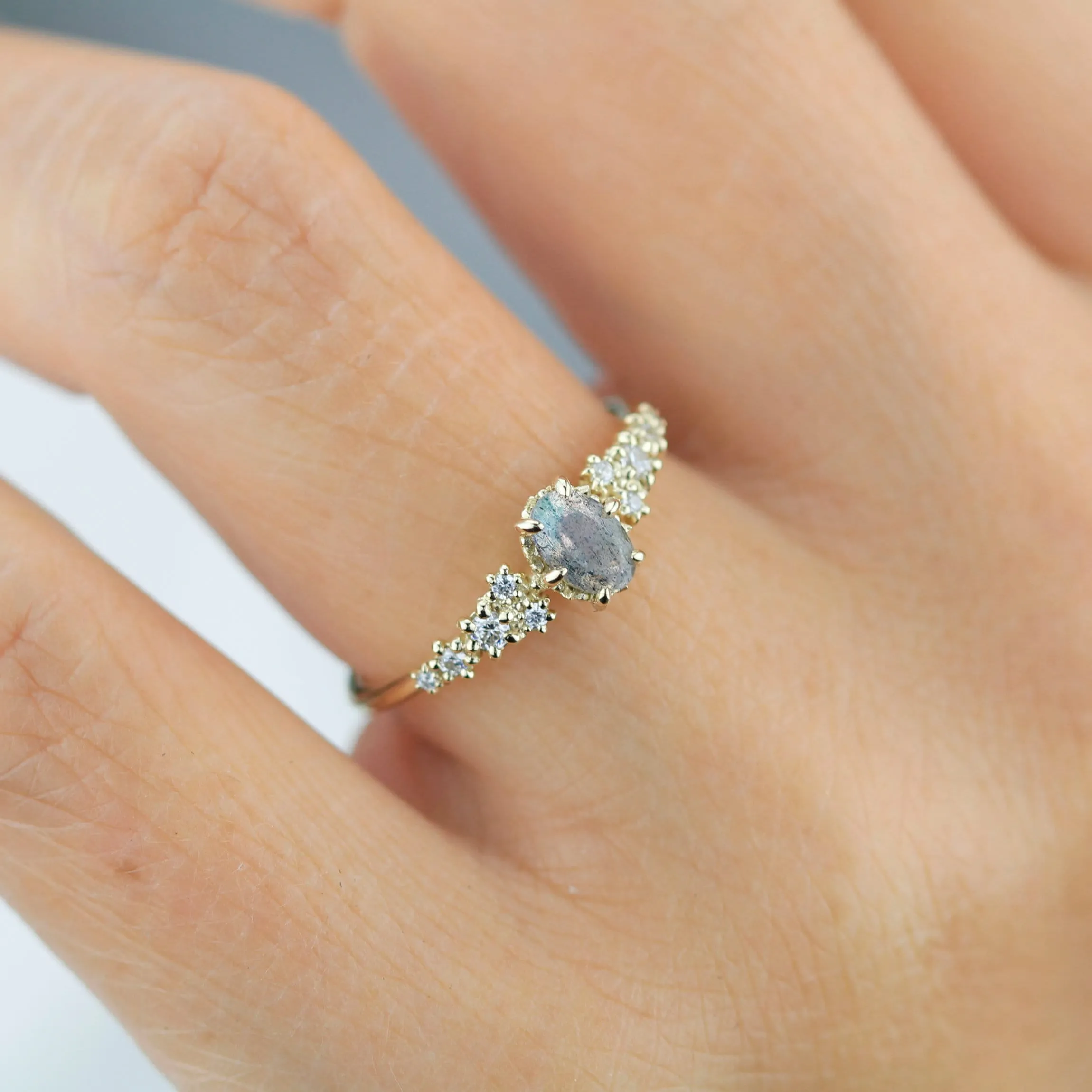 Oval Labradorite and Diamond engagement ring