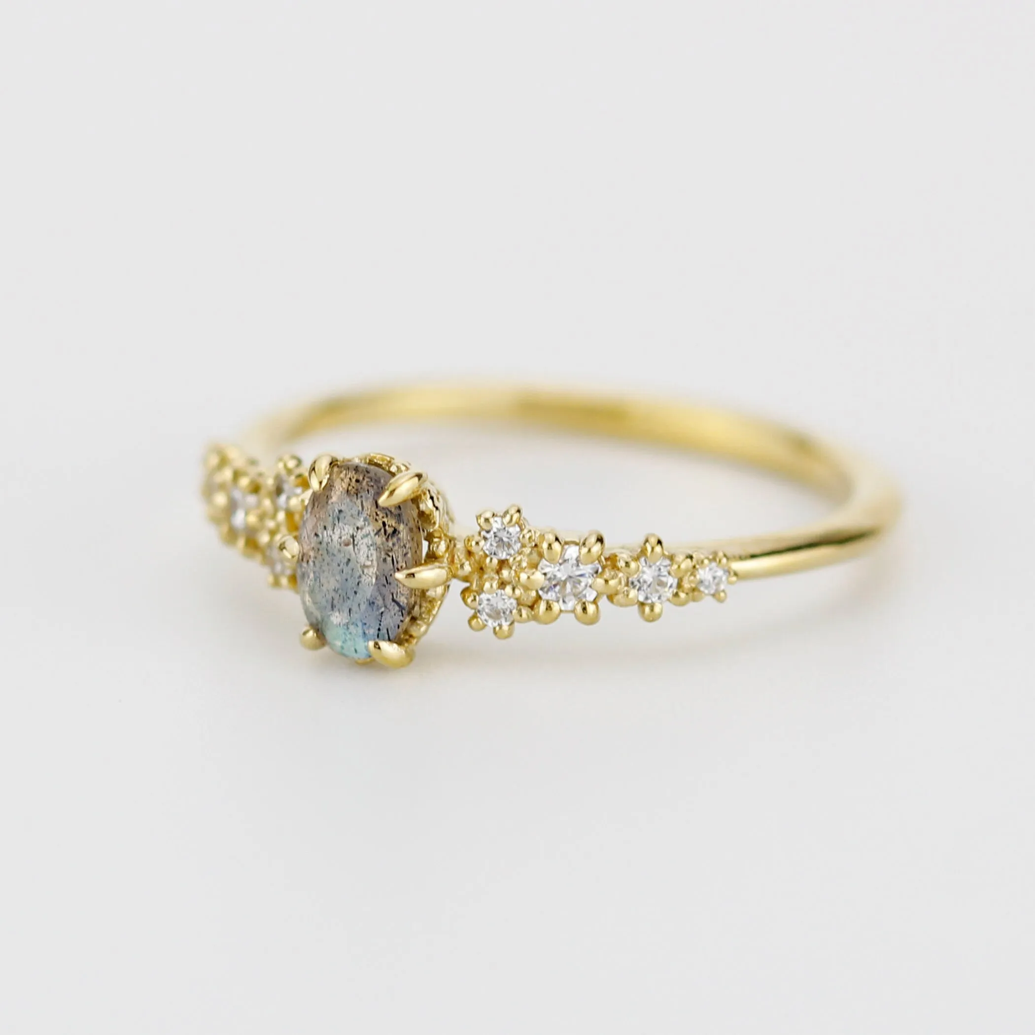 Oval Labradorite and Diamond engagement ring