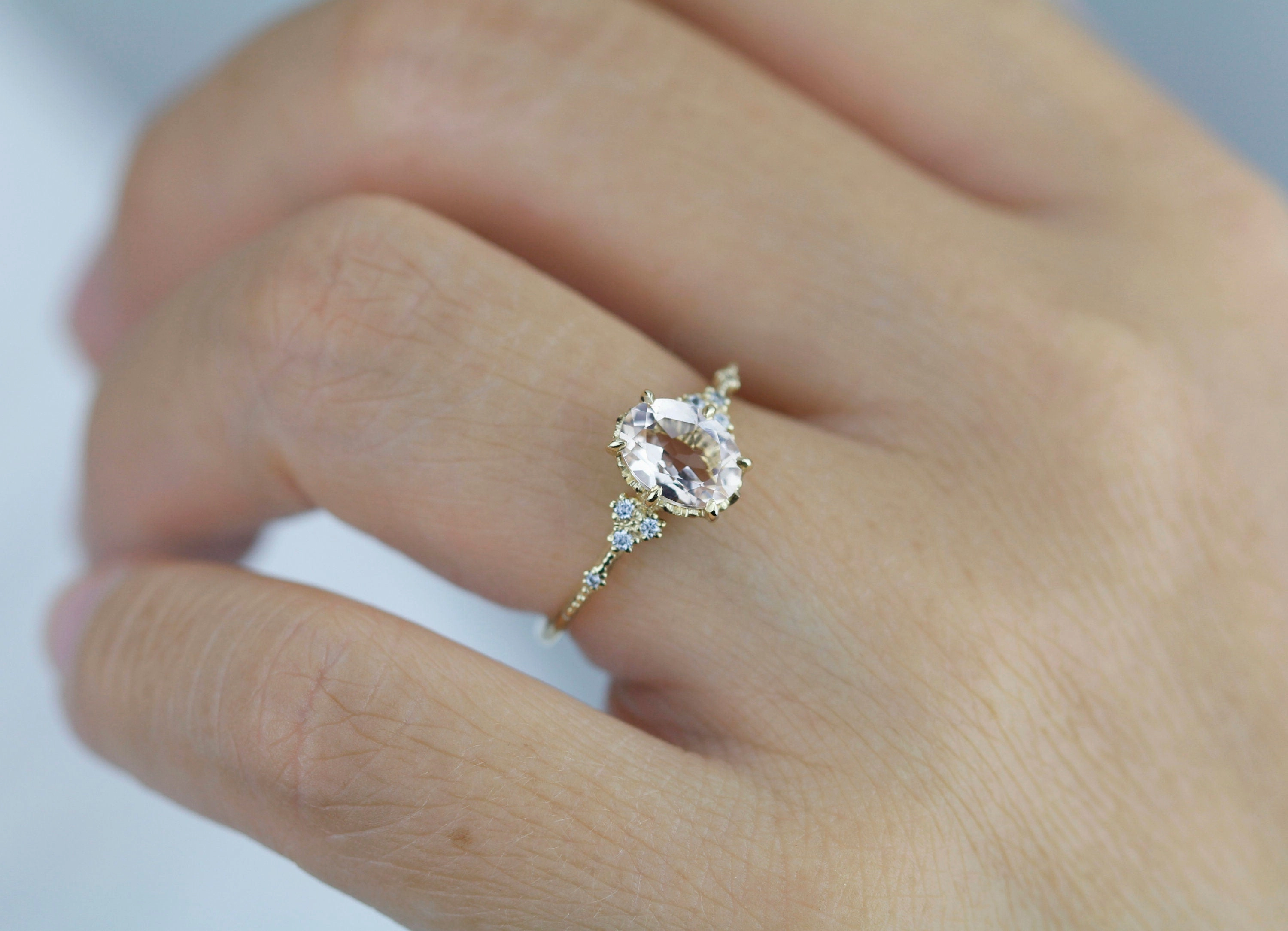 Oval morganite and diamond engagement ring, peach morganite ring, champagne morganite | R349MOR