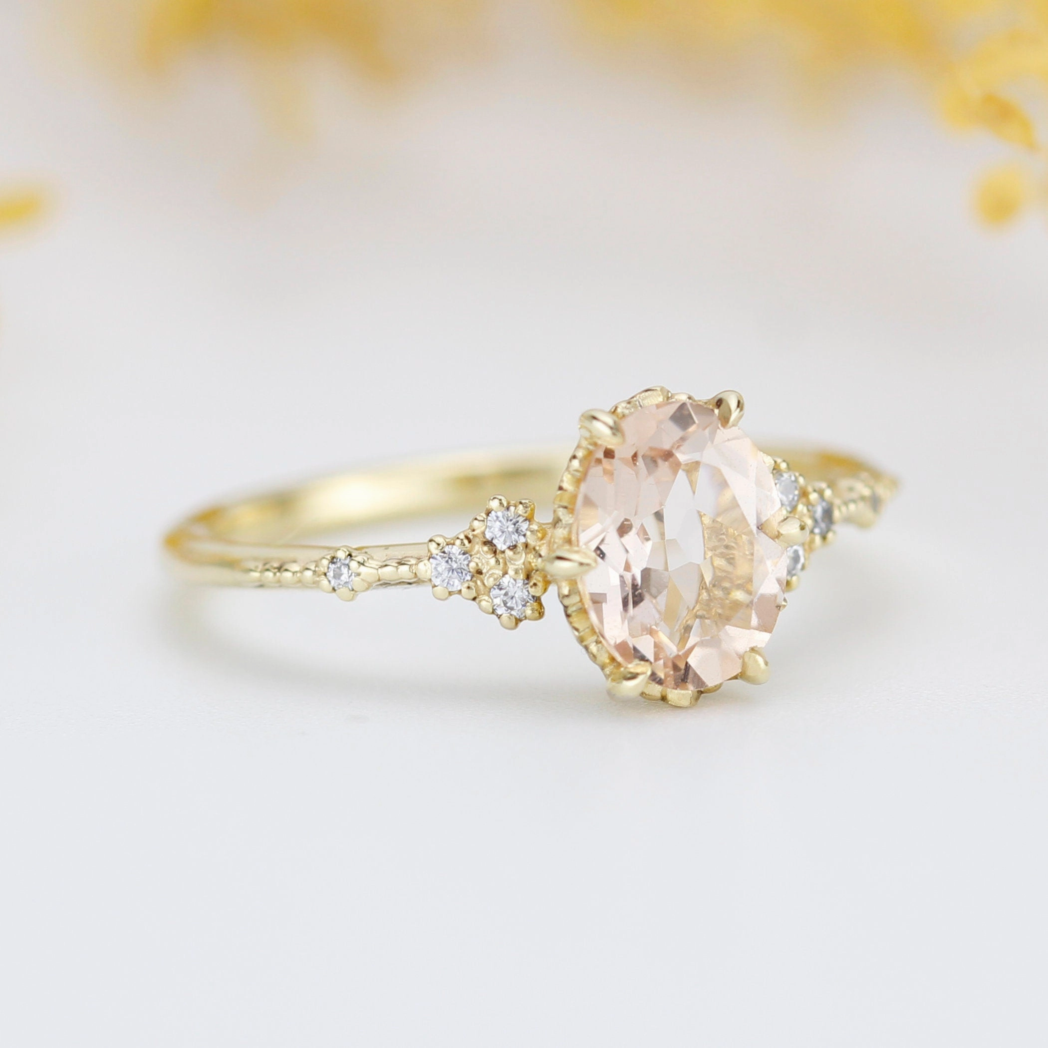 Oval morganite and diamond engagement ring, peach morganite ring, champagne morganite | R349MOR