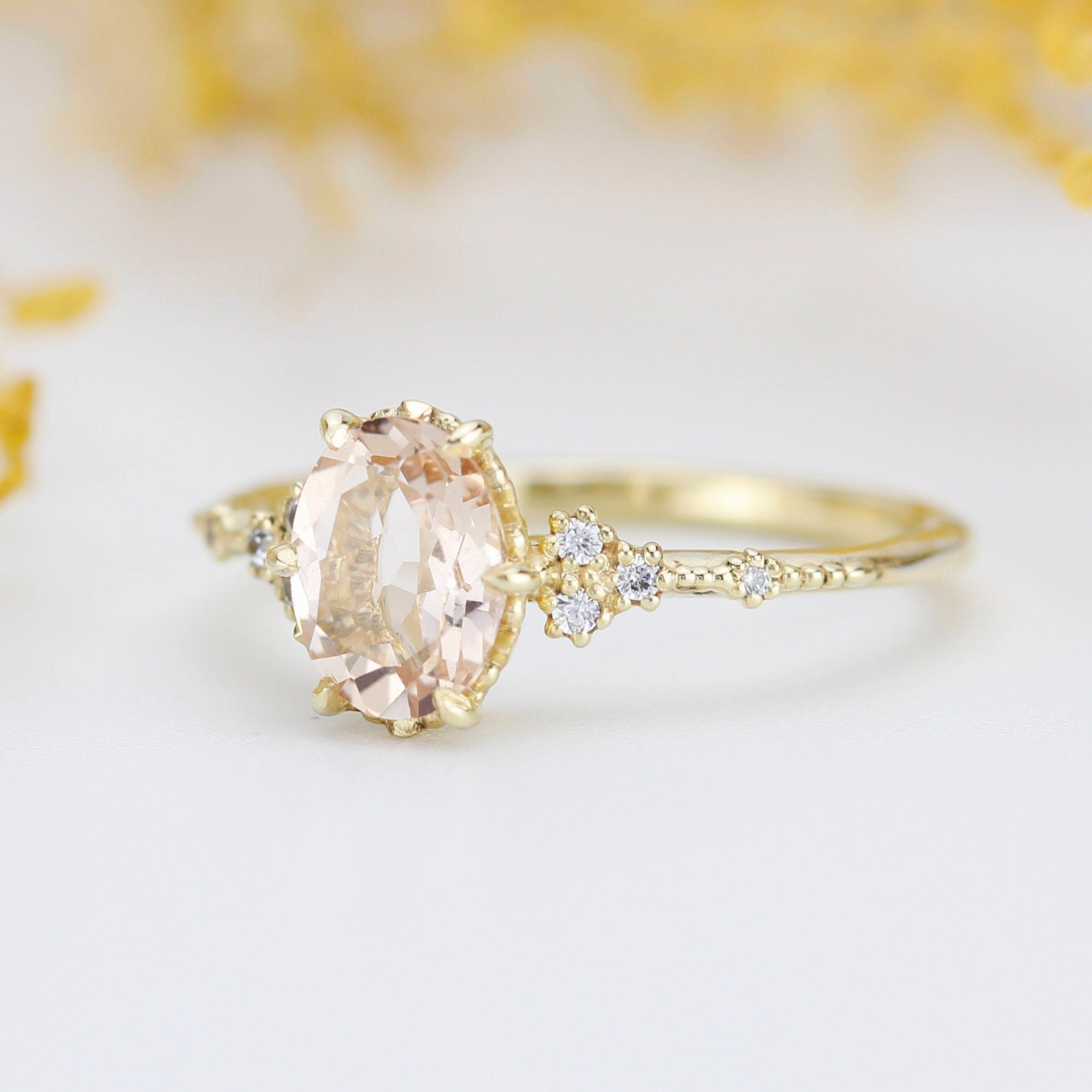 Oval morganite and diamond engagement ring, peach morganite ring, champagne morganite | R349MOR