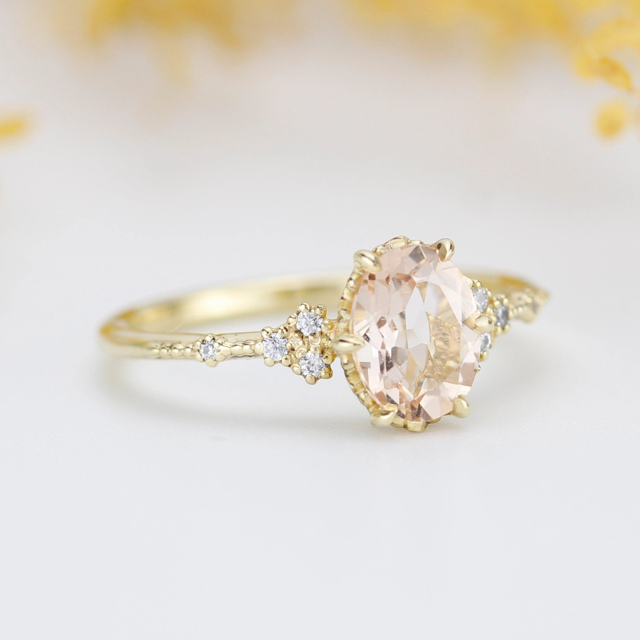 Oval morganite and diamond engagement ring, peach morganite ring, champagne morganite | R349MOR