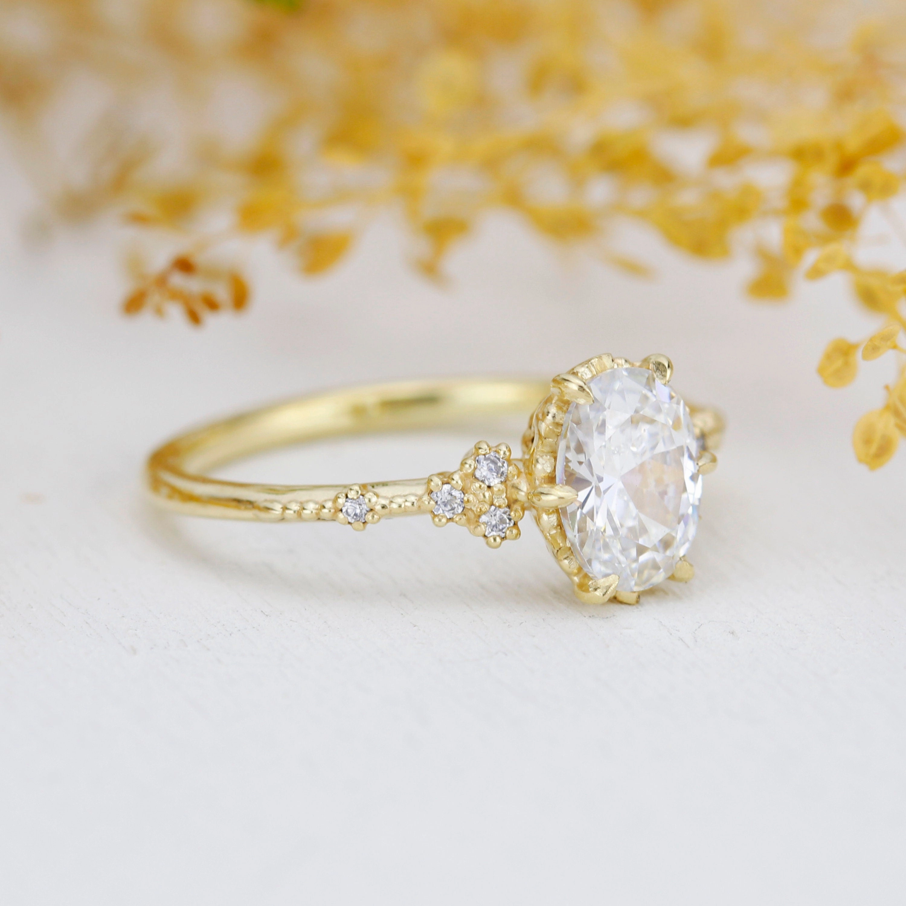 oval ring moissanite, oval moissanite and diamond ring, moissanite and diamond engagement ring |R349MOIS