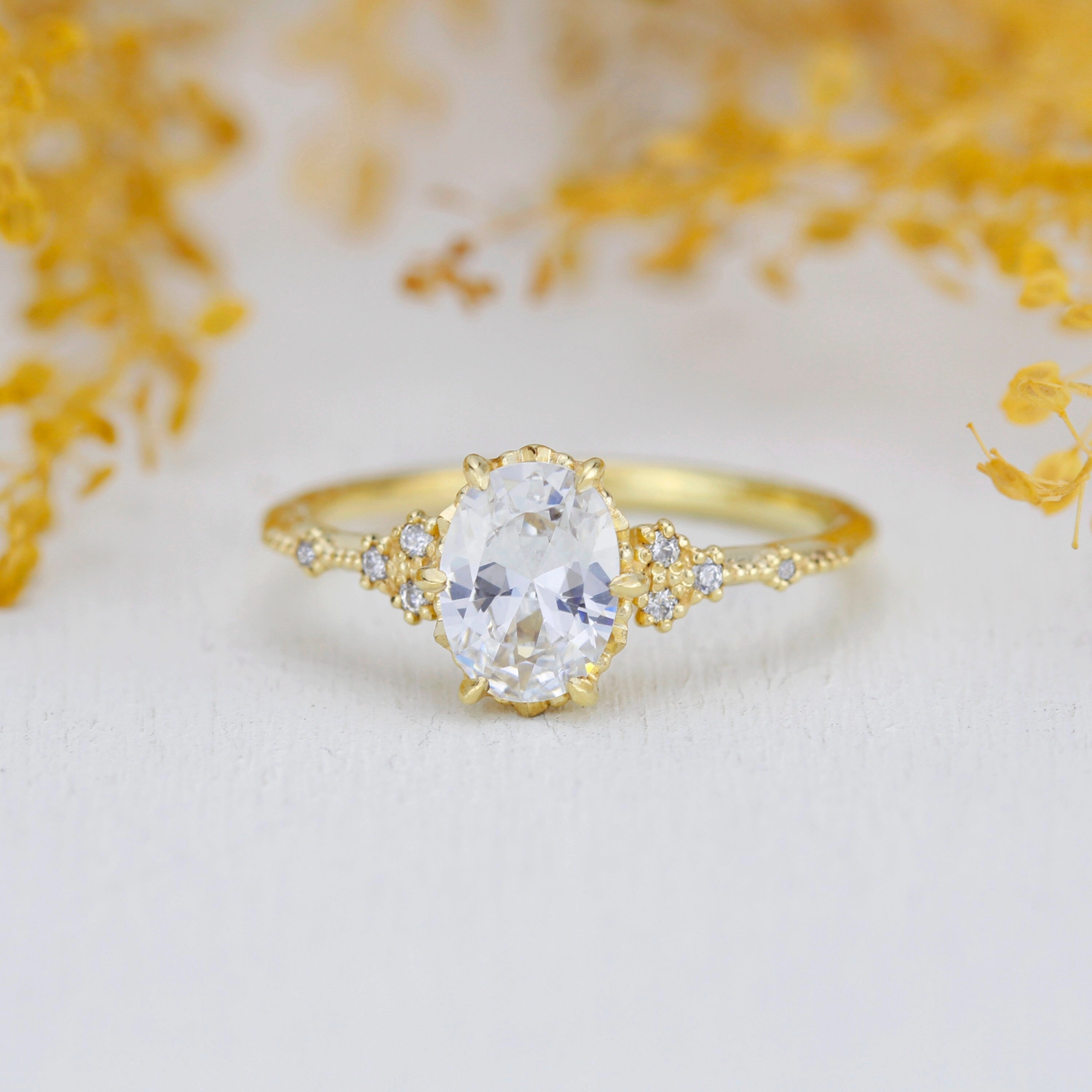 oval ring moissanite, oval moissanite and diamond ring, moissanite and diamond engagement ring |R349MOIS