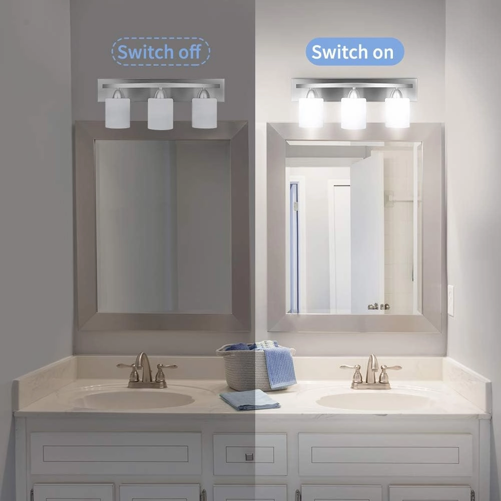 PARTPHONER 3-Light Bathroom Vanity Light Fixture, 5 Piece All-in-One Bath Sets, Bar, Towel Ring, Robe Hook, Toilet Paper Holder, Brushed Nickel with White Frosted Glass Vanity Light