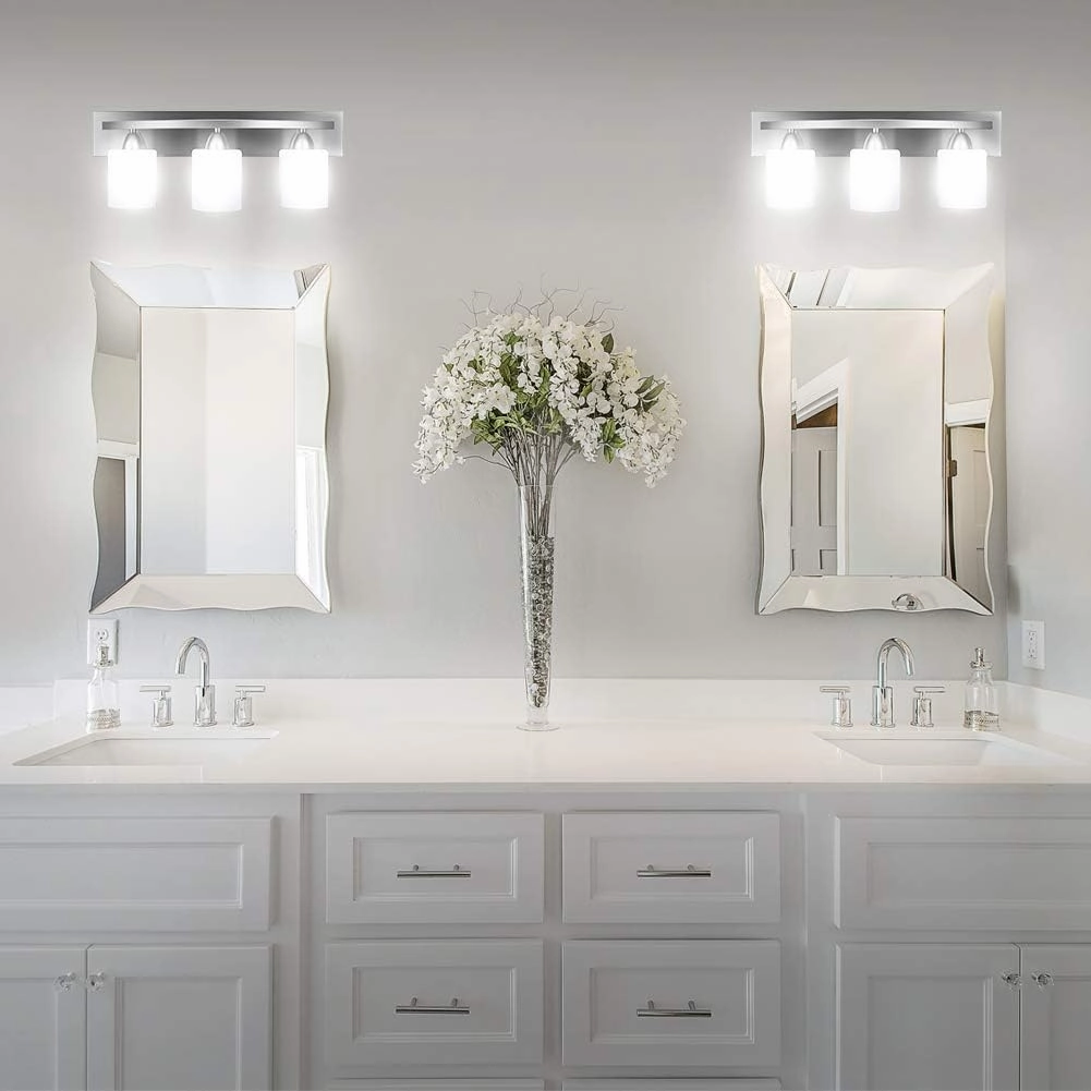 PARTPHONER 3-Light Bathroom Vanity Light Fixture, 5 Piece All-in-One Bath Sets, Bar, Towel Ring, Robe Hook, Toilet Paper Holder, Brushed Nickel with White Frosted Glass Vanity Light