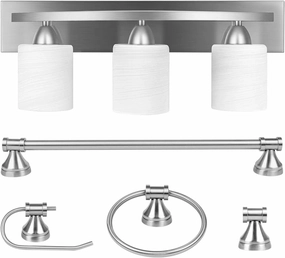 PARTPHONER 3-Light Bathroom Vanity Light Fixture, 5 Piece All-in-One Bath Sets, Bar, Towel Ring, Robe Hook, Toilet Paper Holder, Brushed Nickel with White Frosted Glass Vanity Light