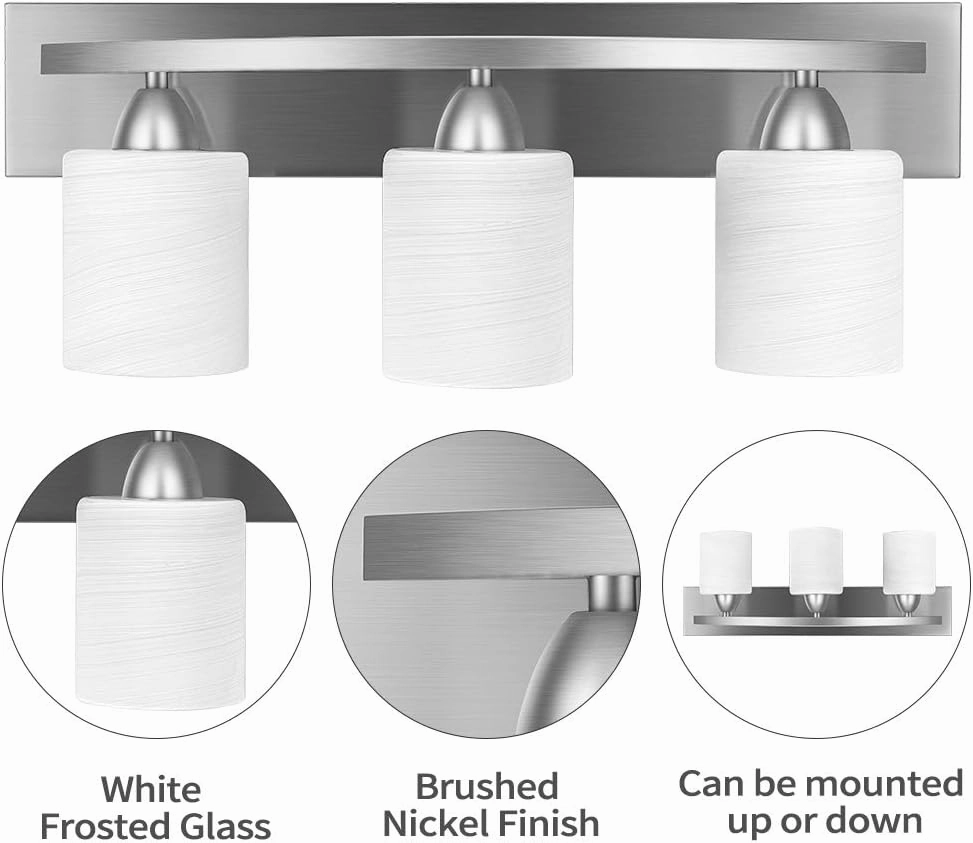 PARTPHONER 3-Light Bathroom Vanity Light Fixture, 5 Piece All-in-One Bath Sets, Bar, Towel Ring, Robe Hook, Toilet Paper Holder, Brushed Nickel with White Frosted Glass Vanity Light