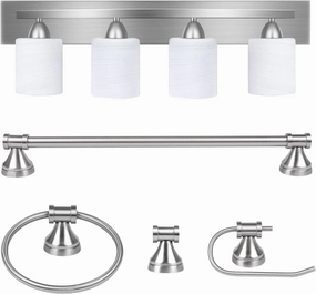 PARTPHONER 4-Light Bathroom Vanity Light Fixture, 5 Piece All-in-One Bath Sets, Bar, Towel Ring, Robe Hook, Toilet Paper Holder, Brushed Nickel with White Frosted Glass Vanity Light