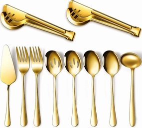Patelai Serving Utensils Set Include Large Spoons Slotted Spoons Forks Tongs Soup Ladle and Pie Server Buffet Catering for Dishwasher Safe(Gold,10 Pieces)