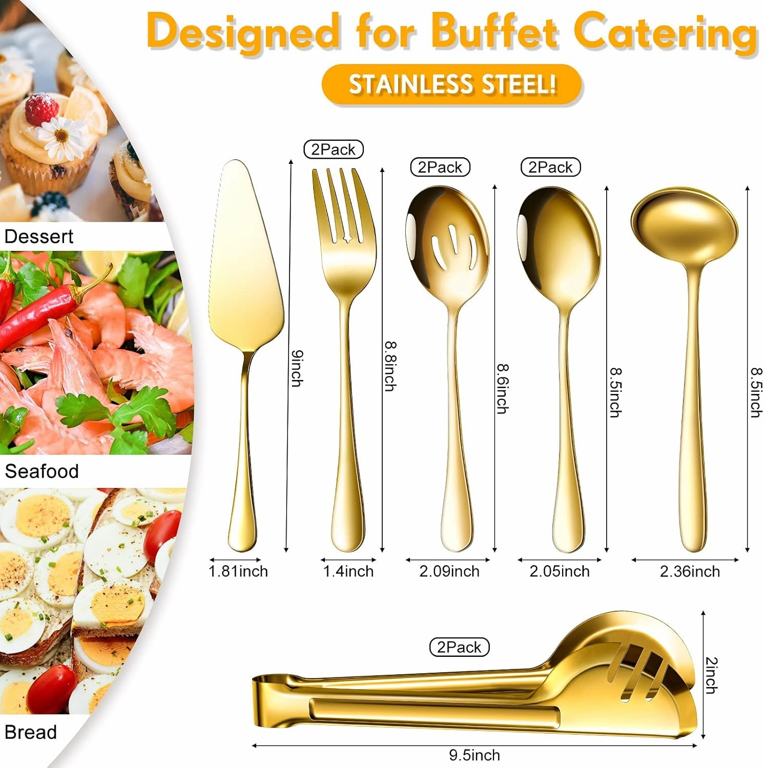 Patelai Serving Utensils Set Include Large Spoons Slotted Spoons Forks Tongs Soup Ladle and Pie Server Buffet Catering for Dishwasher Safe(Gold,10 Pieces)