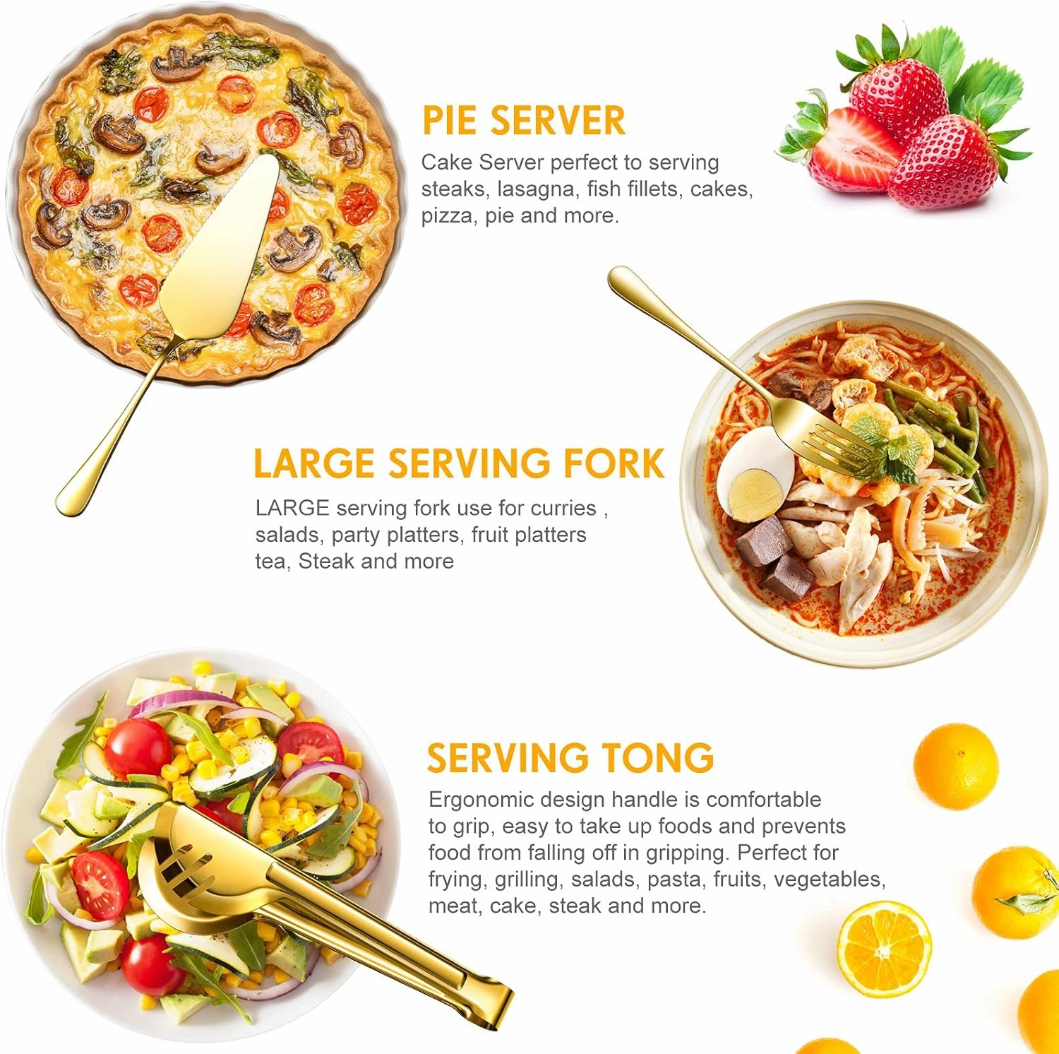 Patelai Serving Utensils Set Include Large Spoons Slotted Spoons Forks Tongs Soup Ladle and Pie Server Buffet Catering for Dishwasher Safe(Gold,10 Pieces)
