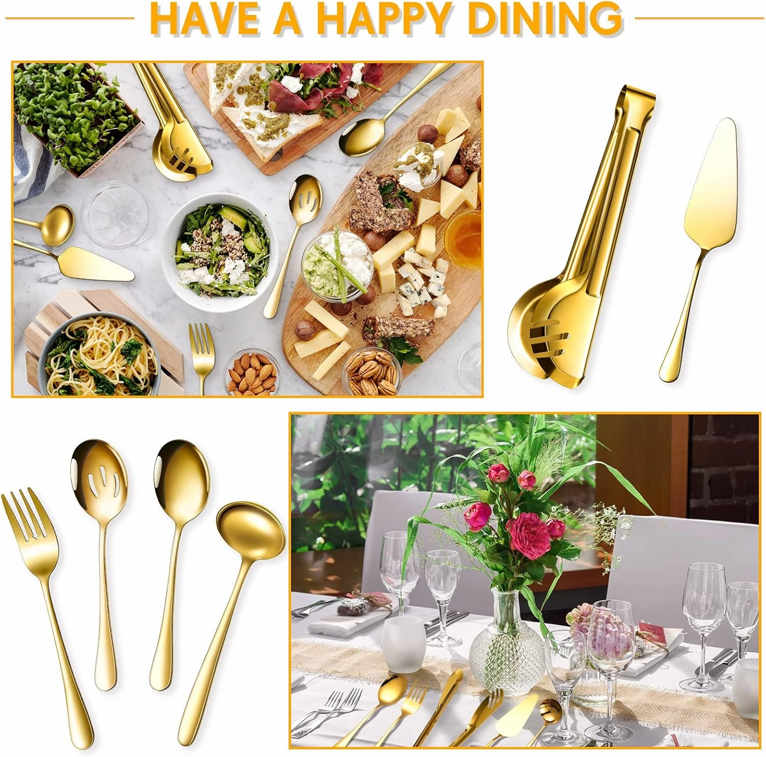 Patelai Serving Utensils Set Include Large Spoons Slotted Spoons Forks Tongs Soup Ladle and Pie Server Buffet Catering for Dishwasher Safe(Gold,10 Pieces)