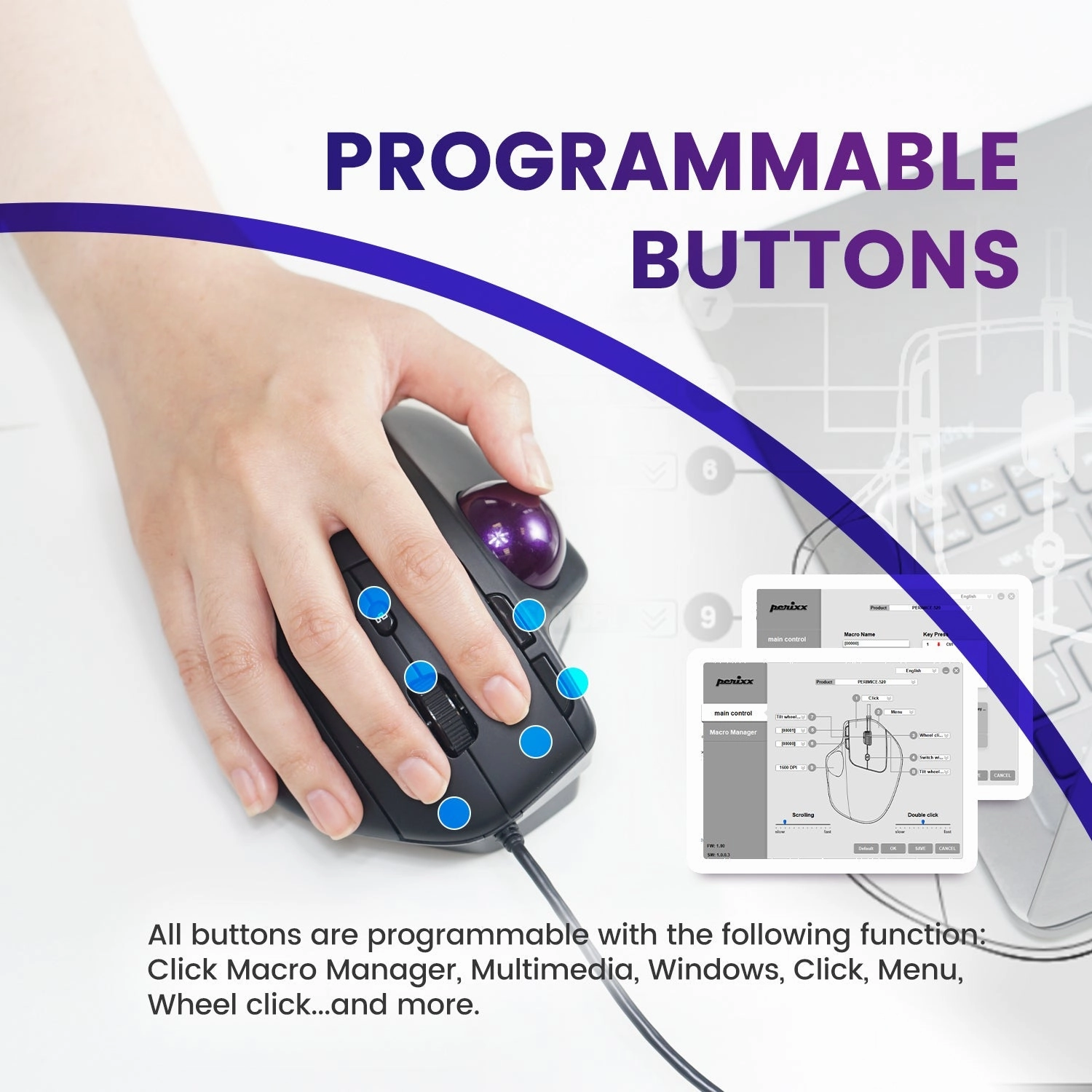 PERIMICE-520 Wired Ergonomic Vertical Trackball Mouse