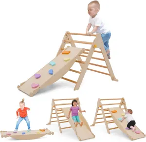 Pikler Triangle Set for Kids 3 , Toddler Climbing Toys Montessori Climbing Set with Foldable Pikler Triangle Ladder, Wooden Reversible Kids Climbing Slide Seesaw for Indoor/Outdoor