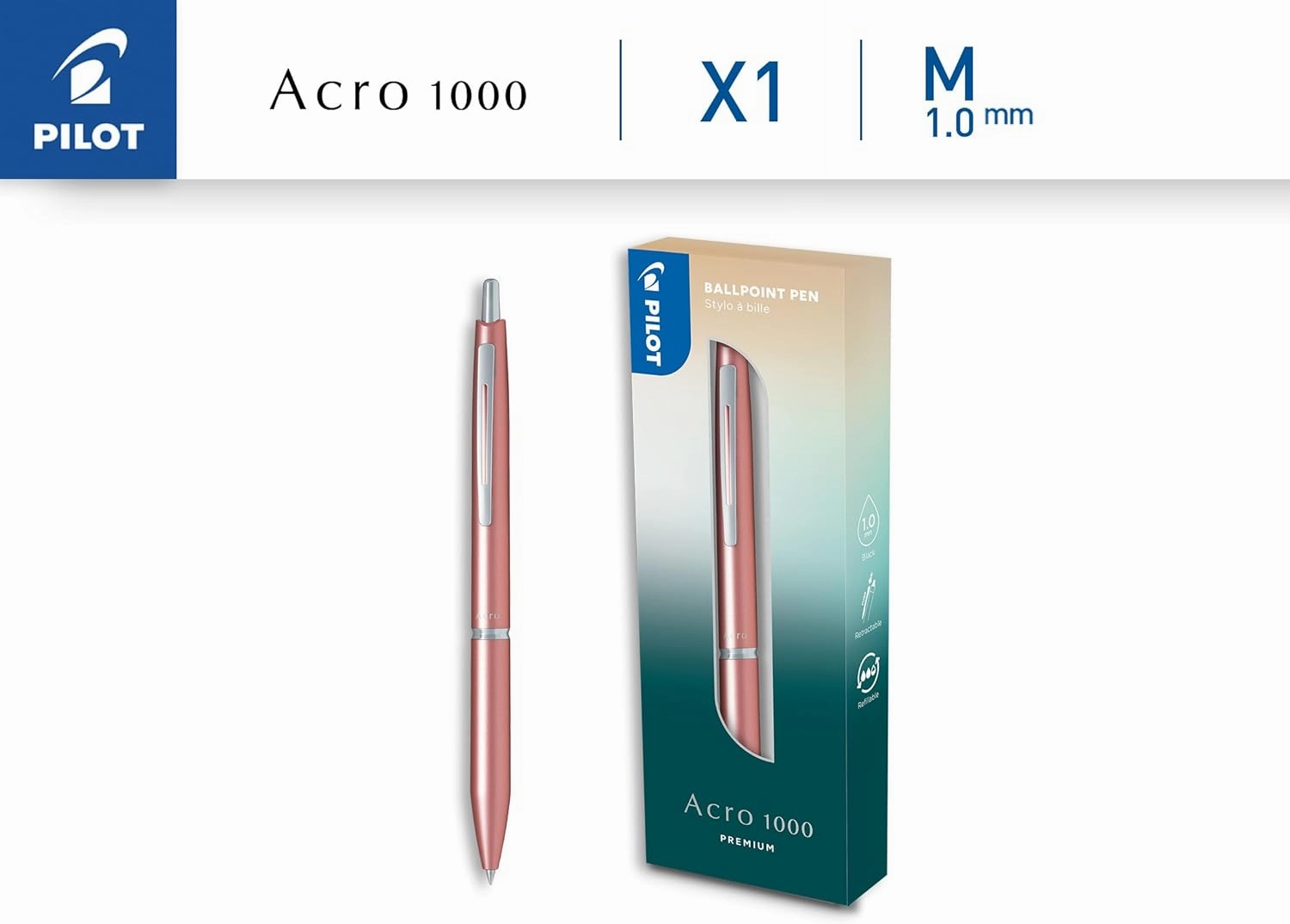 PILOT - Acro 1000 premium Ballpoint Pen in Pink Gold Gift Box - Ultra-Smooth Ink for Unmatched Writing Fluidity - Refillable and retractable Ballpoint Pen - Black Ink - Medium Tip