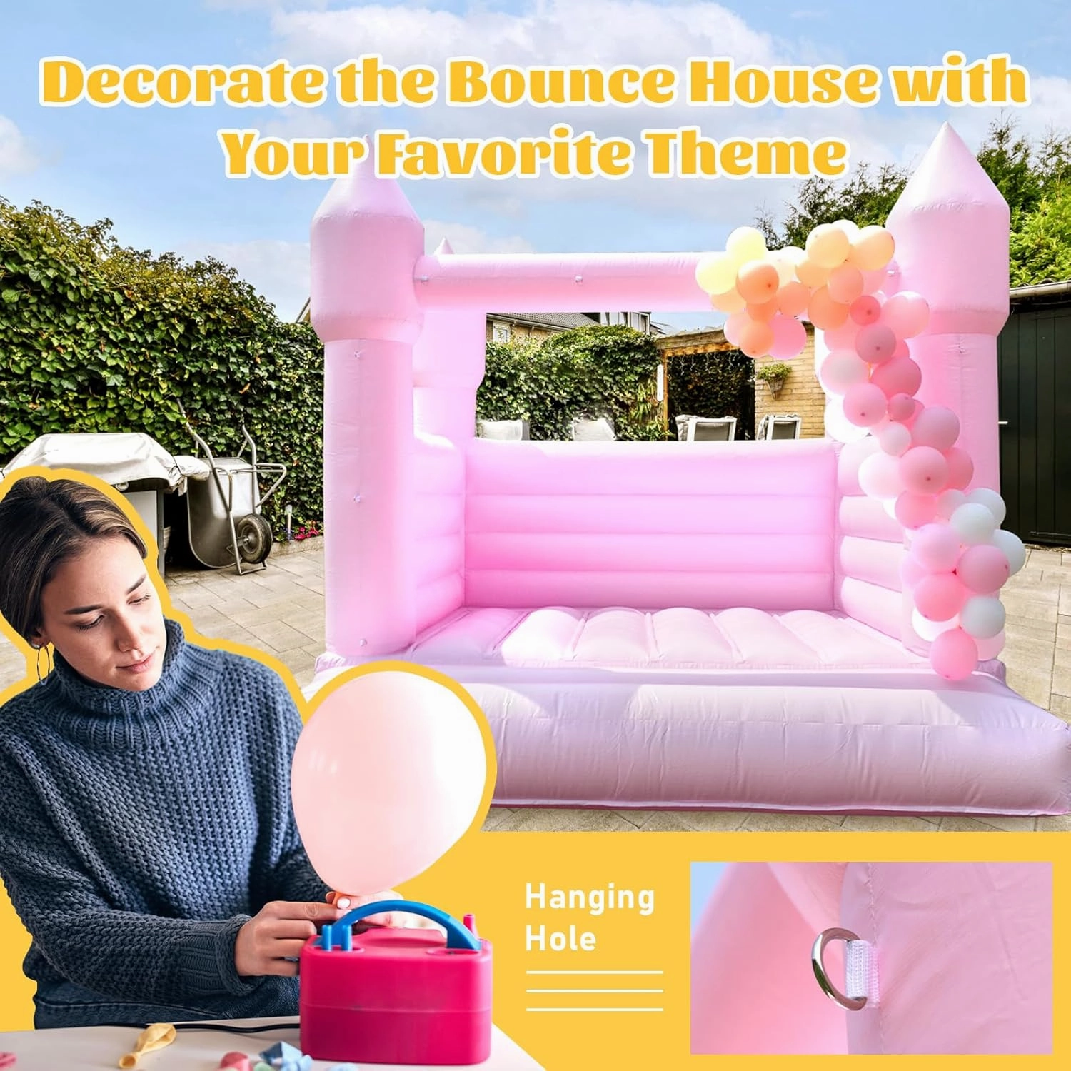Pink Bounce House Castle with Blower |All PVC| 13.5x11.5 FT Large Bouncy Castle Inflatable Jumper for Kids Age 5-12, Suitable for Birthday Gift, Party Atmosphere, Wedding Decorations