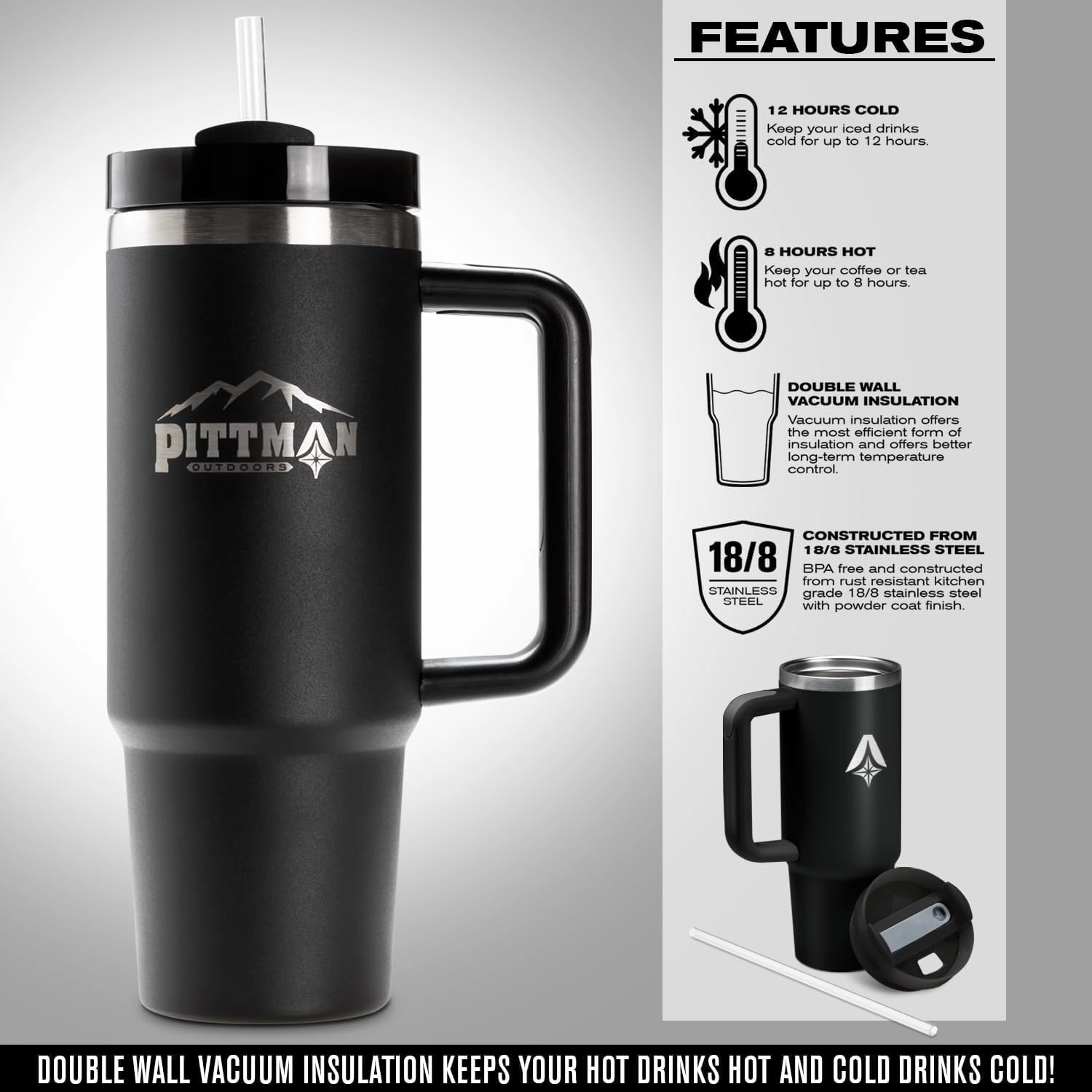 Pittman Outdoors 40oz. Hydration Tumbler with Comfort Soft Handle, Black - Vacuum Insulated Travel Coffee and Drink Mug