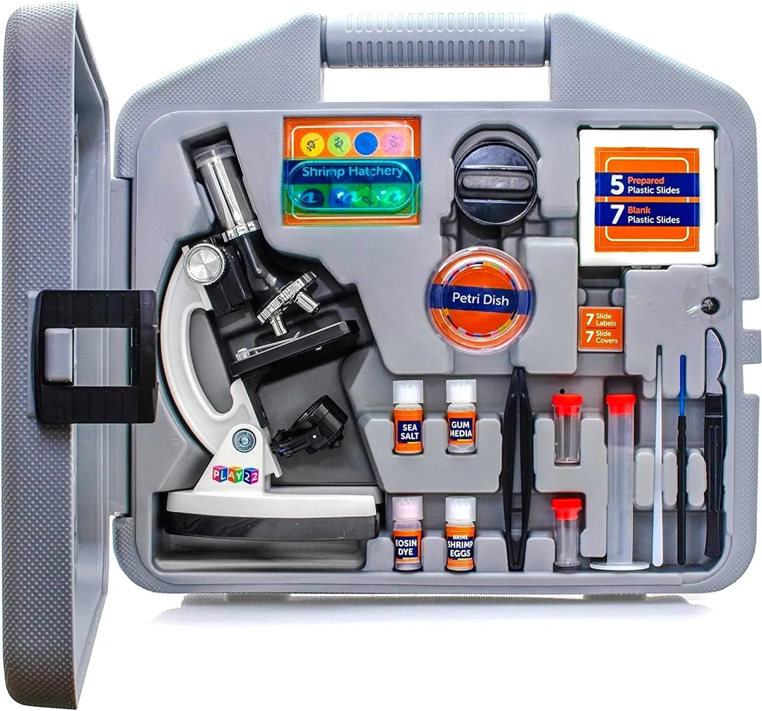 Play22 Kids Microscope Kit 50 PCS - Science Kit for Kids 120X-1200X Microscope Slides, Metal Body Microscope, Carrying Box, Science Experiments Lab Toy Gifts