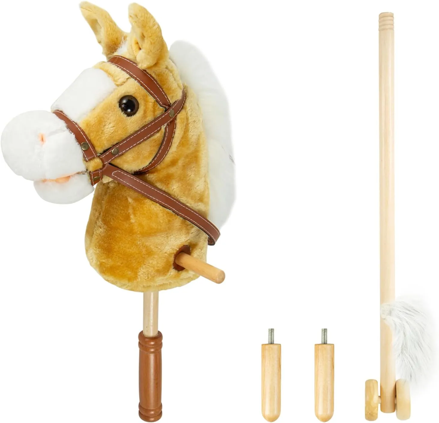 Plush Horse Riding Stick, Handsewn Head, Sturdy Wood Stick with Ponytail, Plus Neighing & Clip-Clop Sounds, Yellow