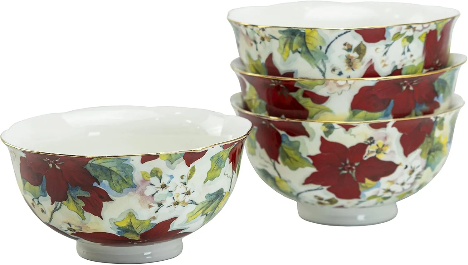 Poinsettia Chintz Porcelain Scalloped Candy / Nut Bowl (Set of 4), Red, 8-Ounce