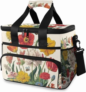 Poppy Daisy Butterflies Wildflower Cooler Bag Insulated Cooler Soft Sided Cooler 24 Can Portable Picnic Bag Large Leakproof Lunch Bag Box for Beach Grocery Camping Travel Car Men Women