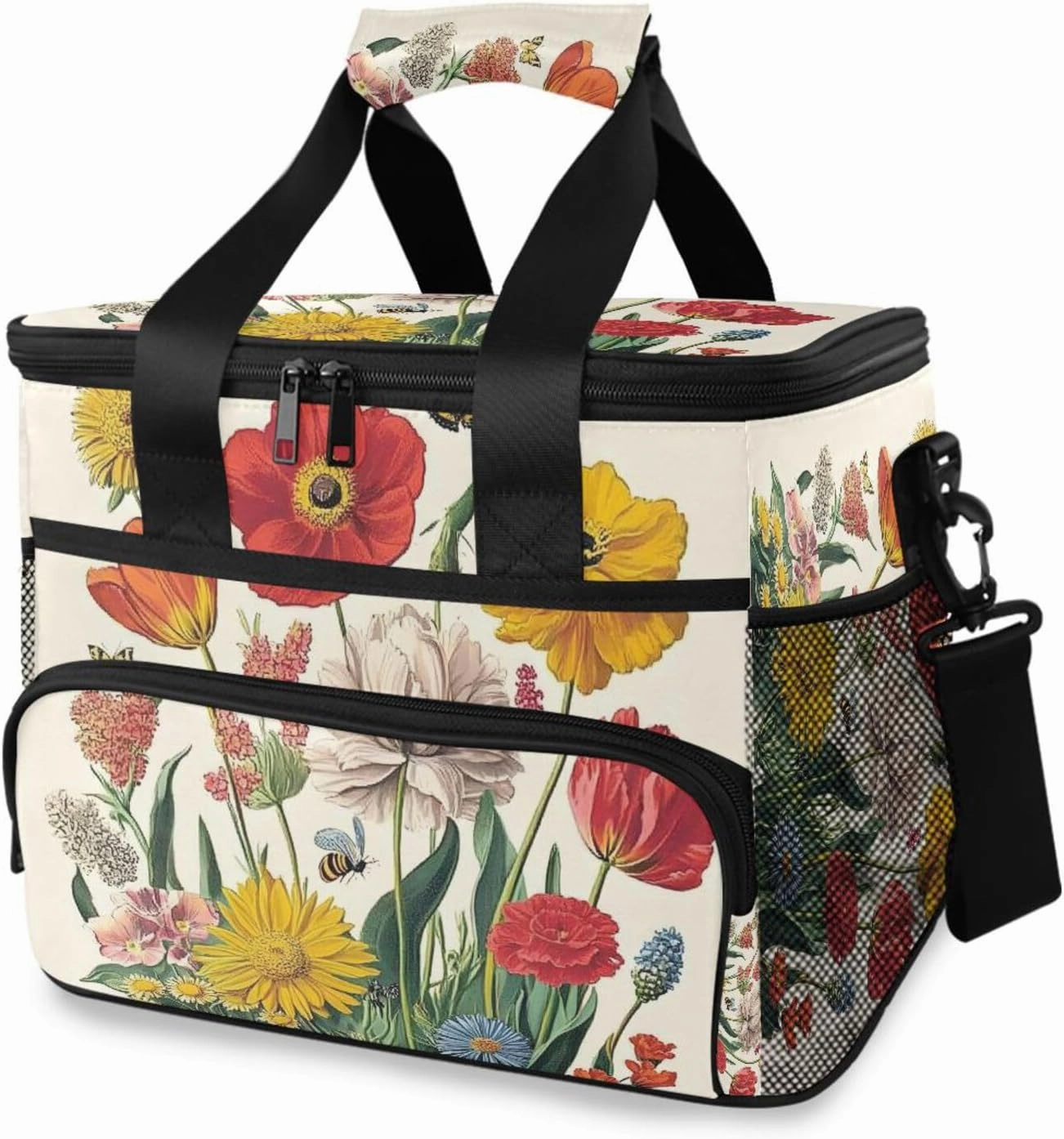Poppy Daisy Butterflies Wildflower Cooler Bag Insulated Cooler Soft Sided Cooler 24 Can Portable Picnic Bag Large Leakproof Lunch Bag Box for Beach Grocery Camping Travel Car Men Women