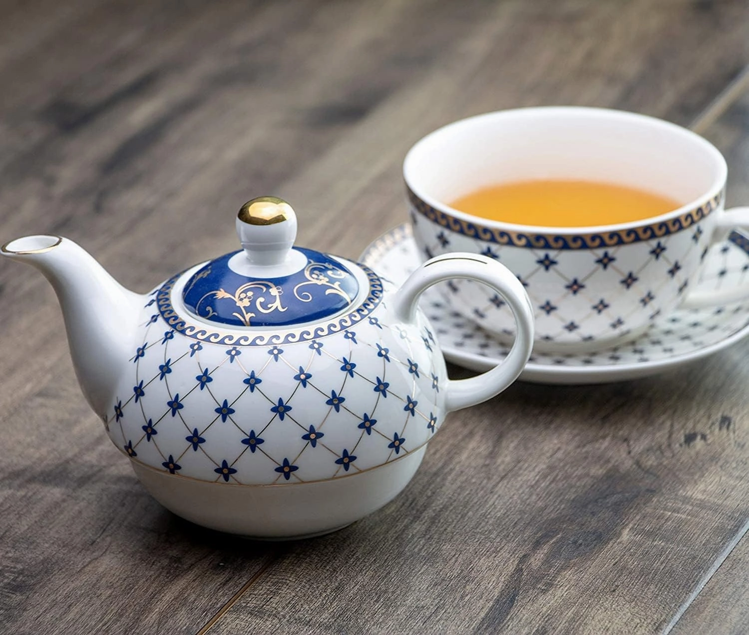 Porcelain 4-Piece Tea For One (Trellis Blue Gold)