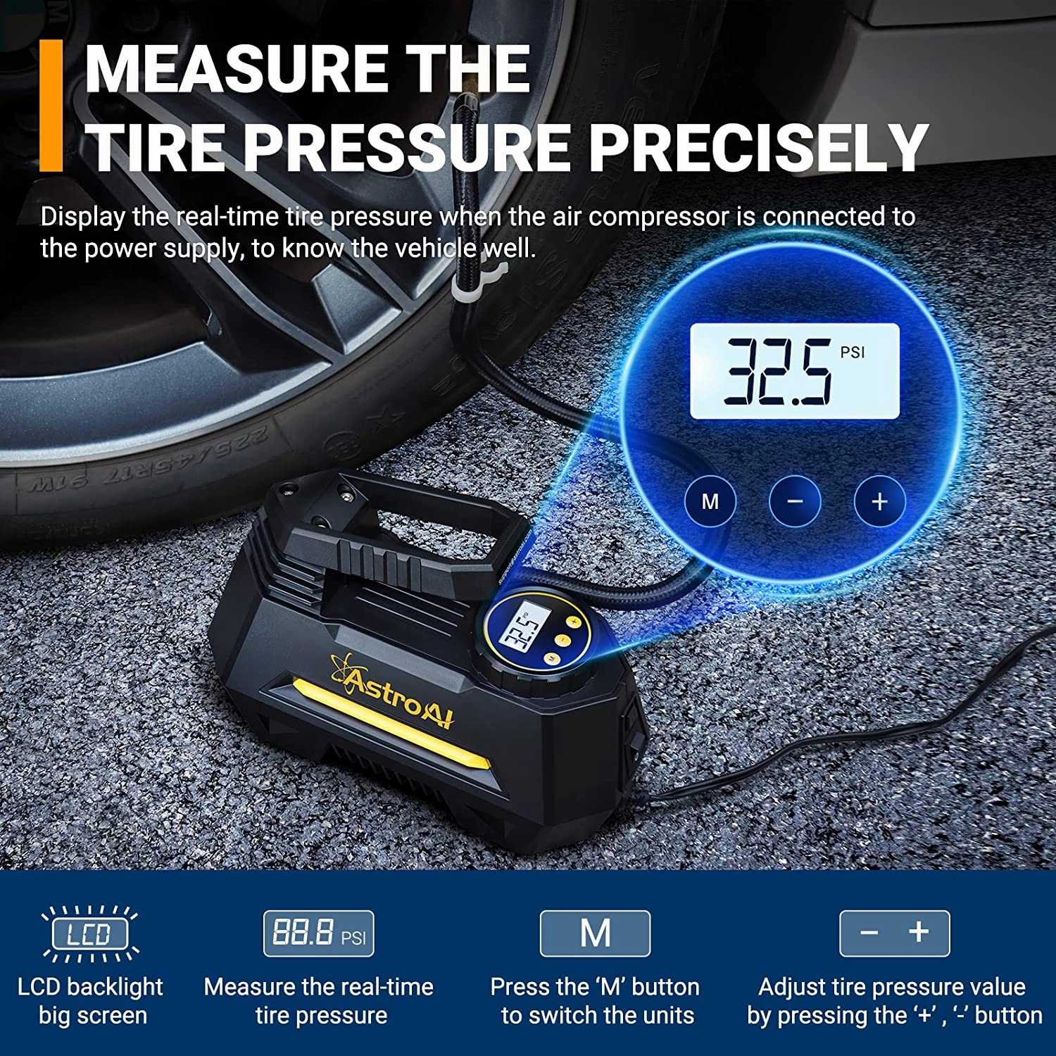 Portable Air Pump for Car Tires 12V DC Auto Tire Pump with Digital Pressure Gauge, 100PSI with Emergency LED Light