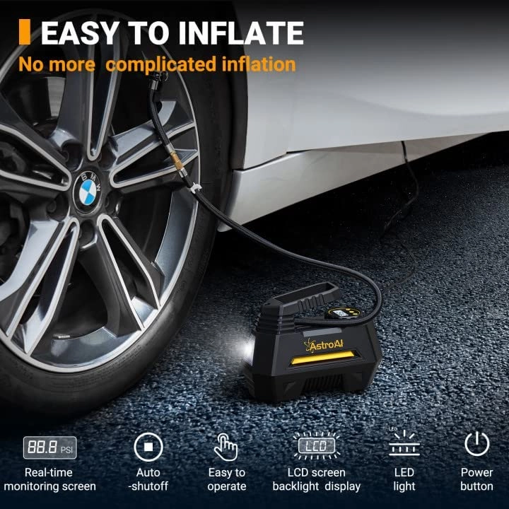 Portable Air Pump for Car Tires 12V DC Auto Tire Pump with Digital Pressure Gauge, 100PSI with Emergency LED Light